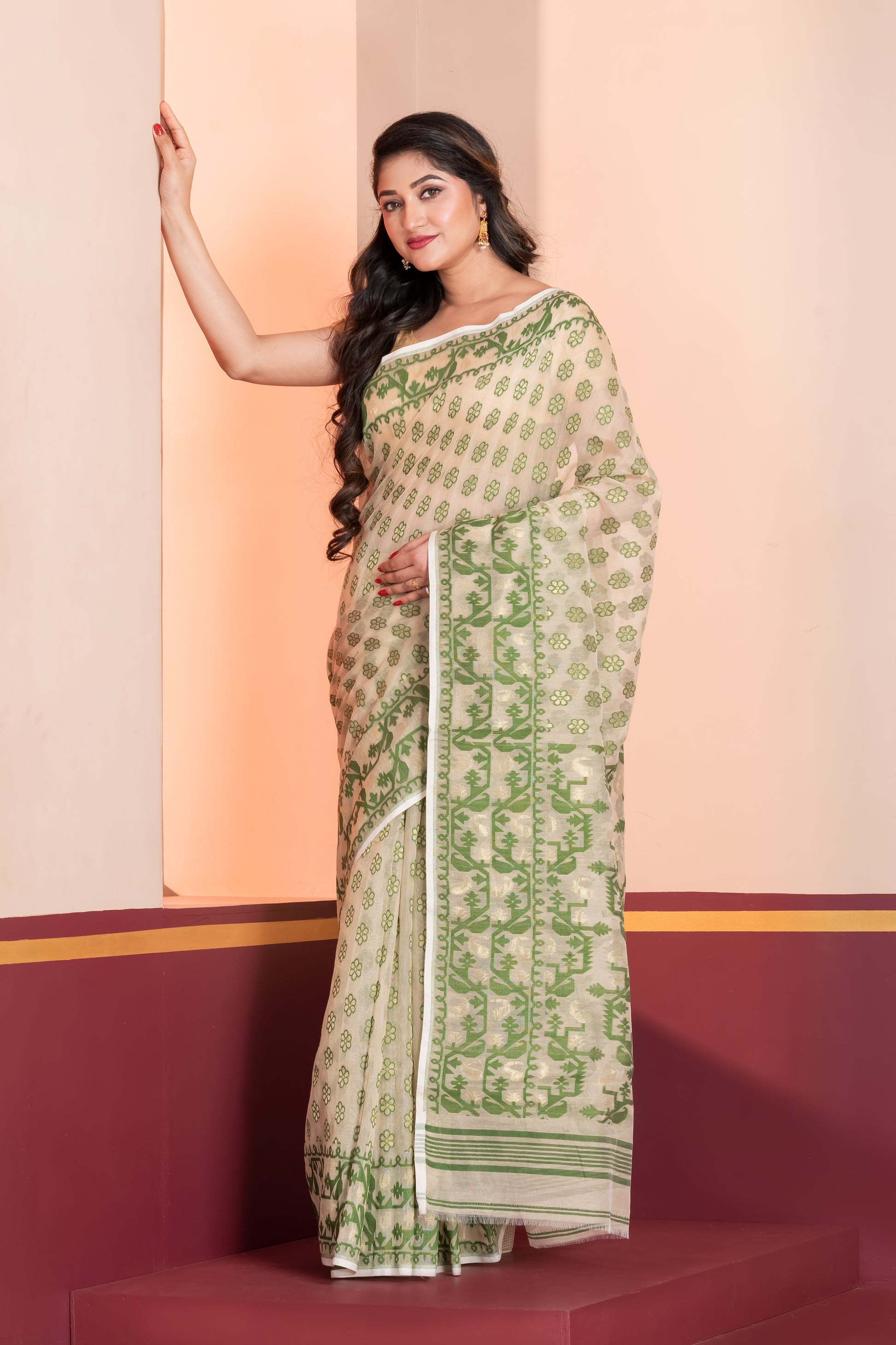 off white & green silk jamdani cotton saree