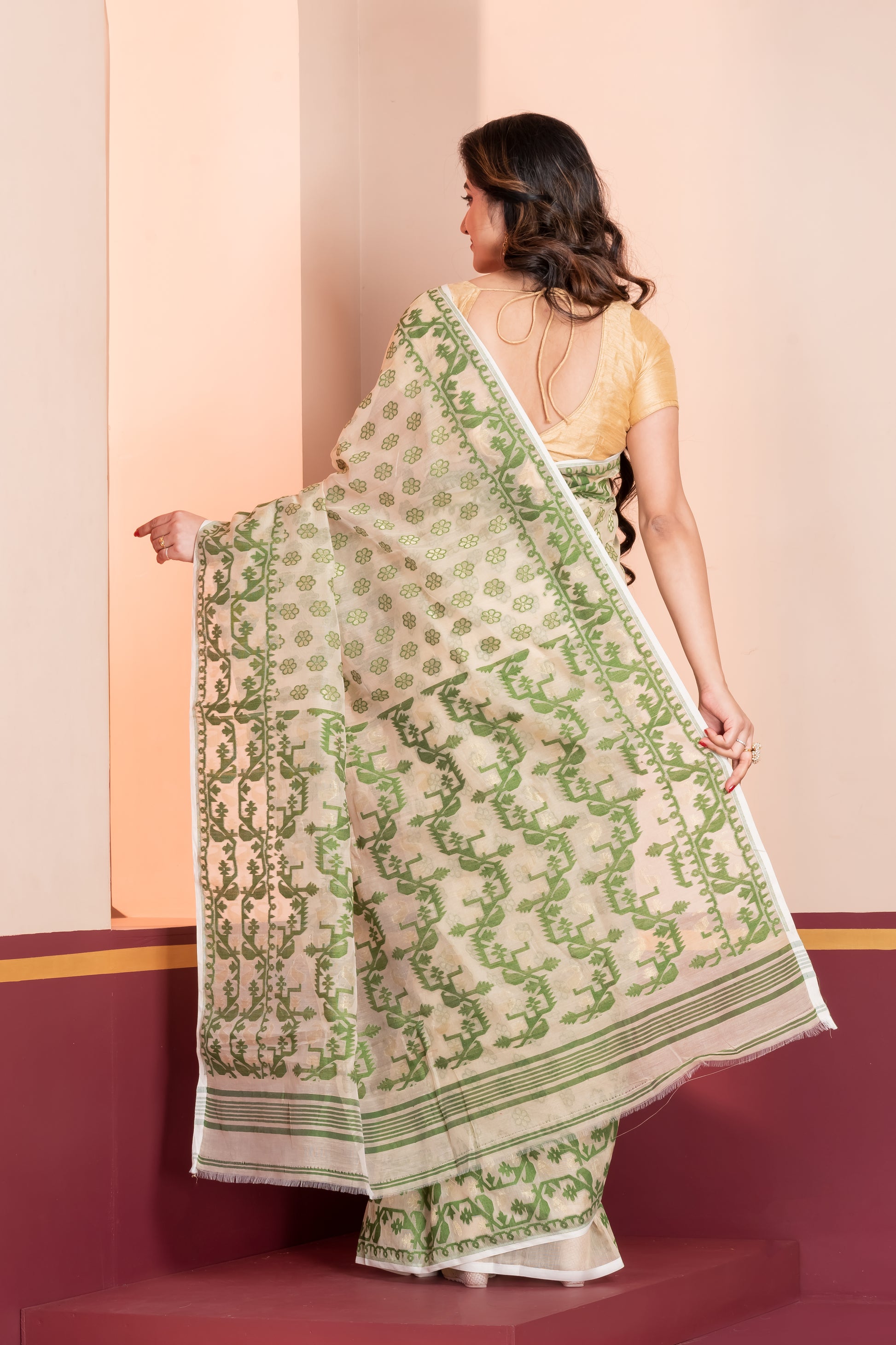 off white & green silk jamdani cotton saree