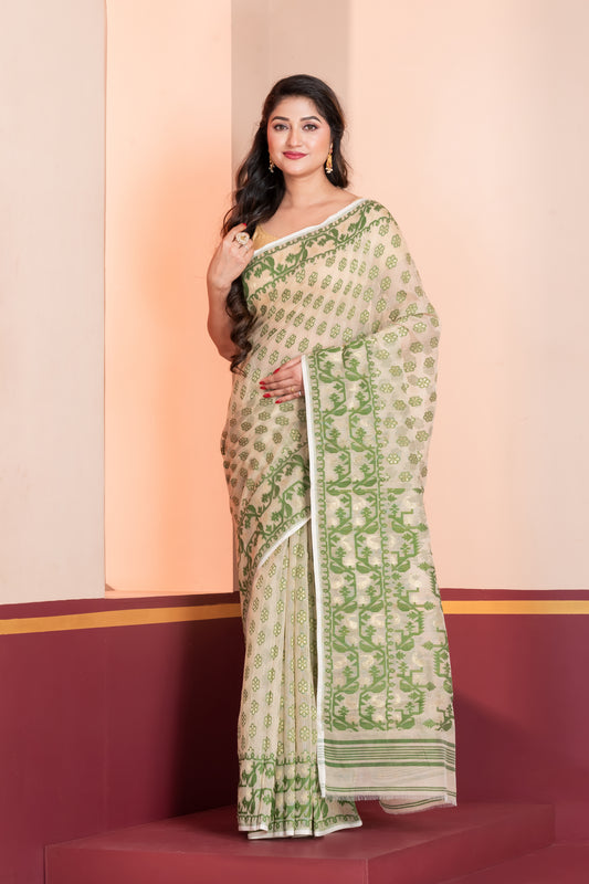 off white & green silk jamdani cotton saree