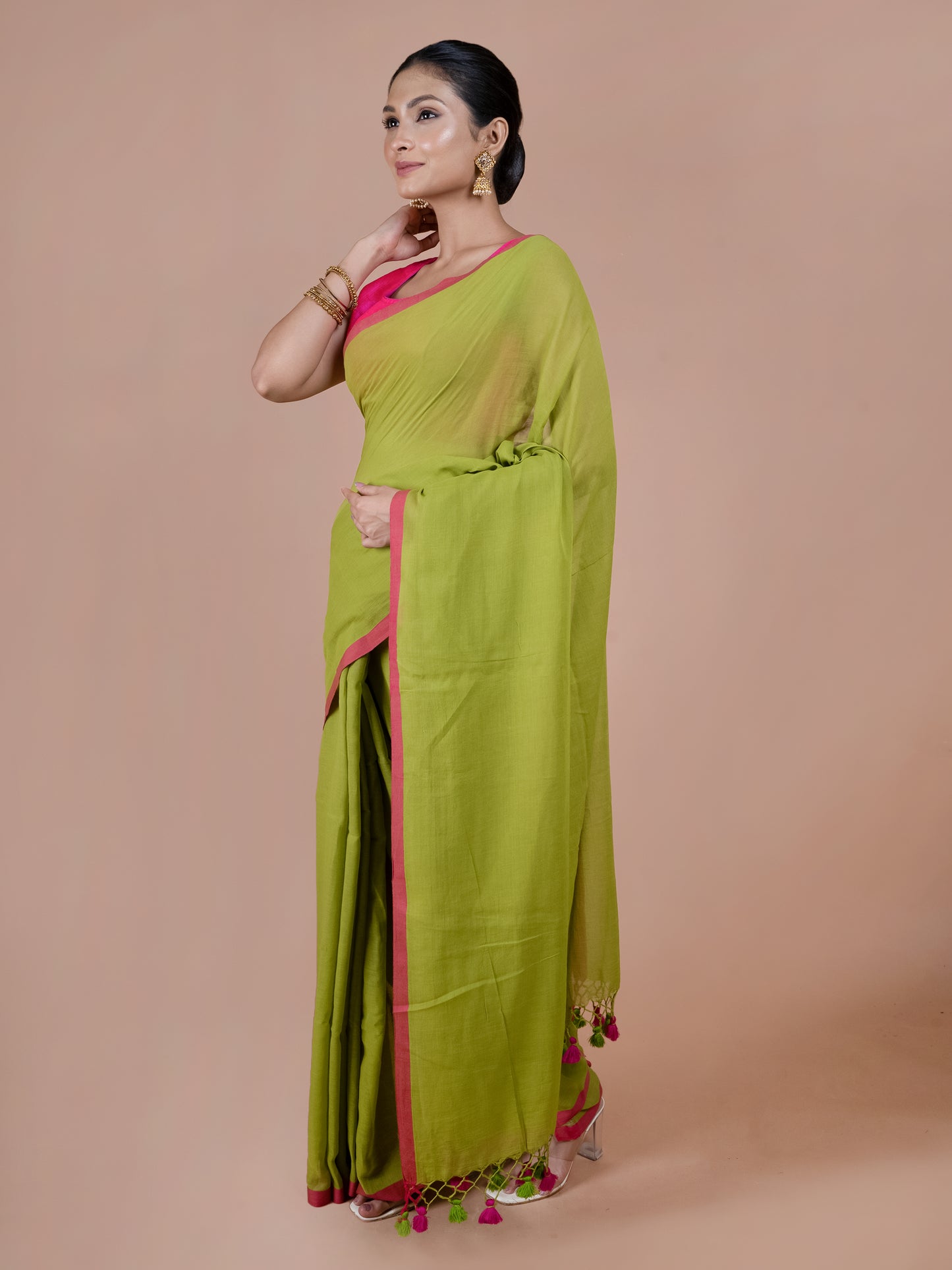 Olive bloom pure mulmul cotton saree, soft lightweight green mul cotton