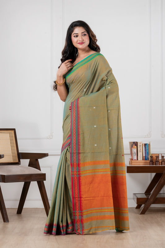 olive green dhonekhali pure cotton saree
