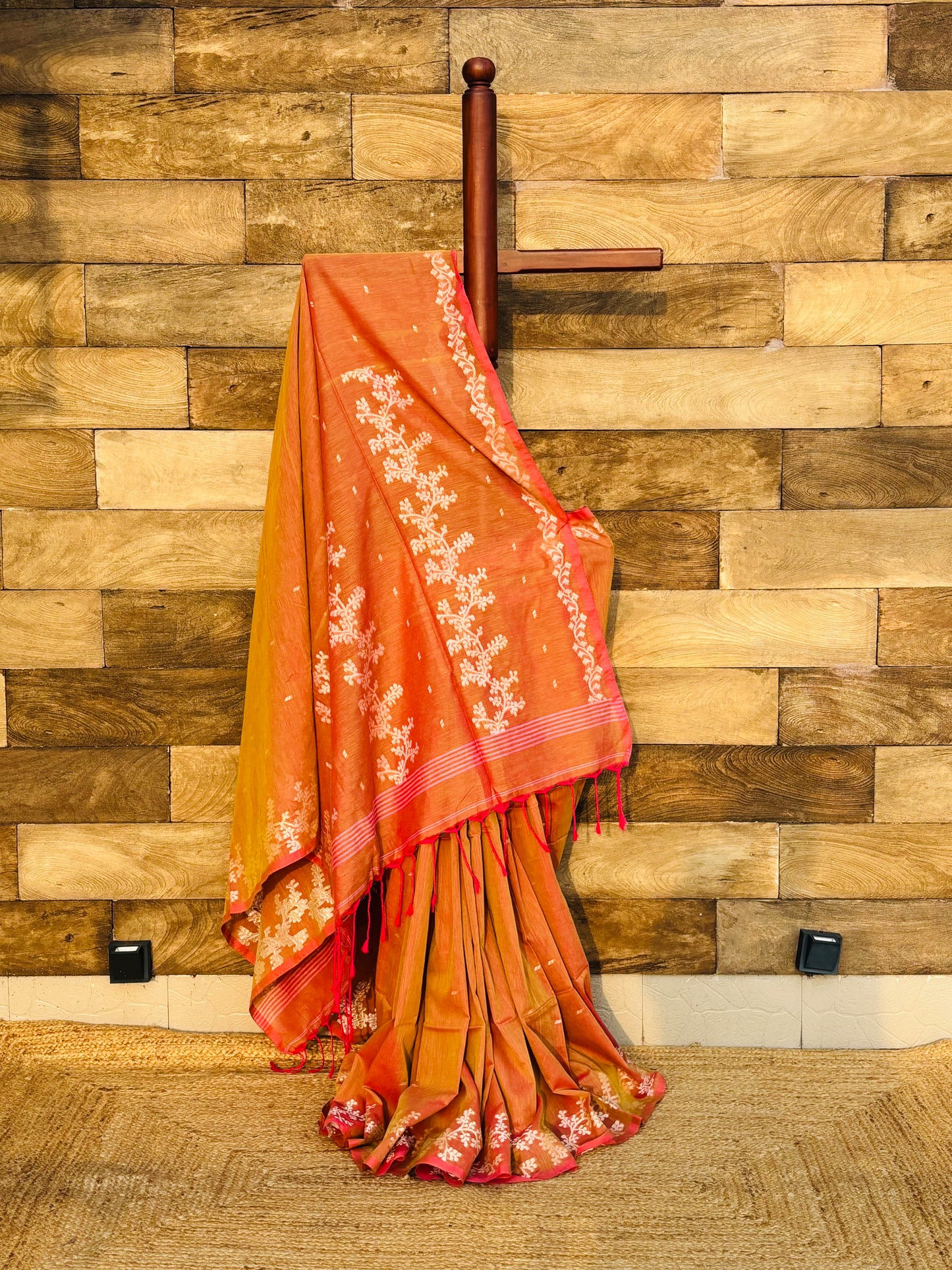 orange bengal jamdani cotton saree