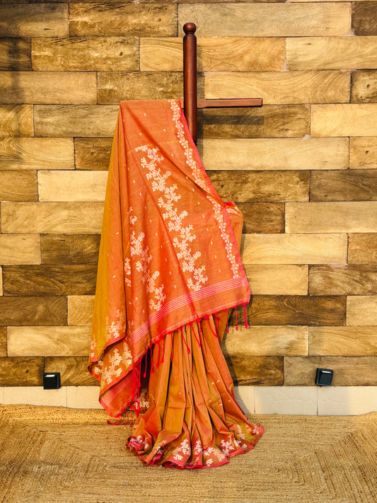 orange bengal jamdani cotton saree