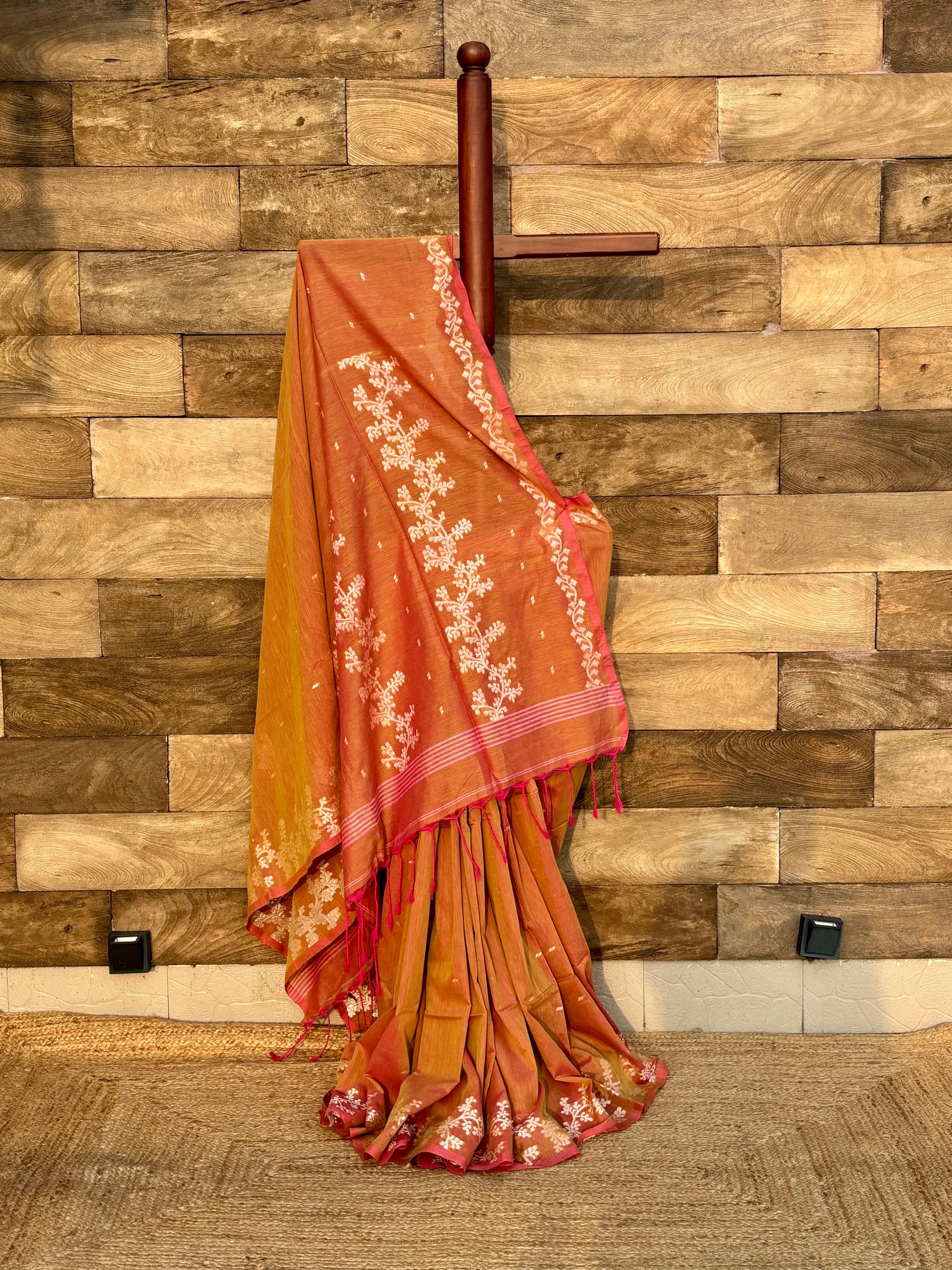 orange bengal jamdani cotton saree