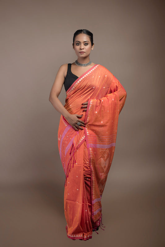 Orange Hazar Buti pure cotton Jamdani saree, lightweight Bengal handloom