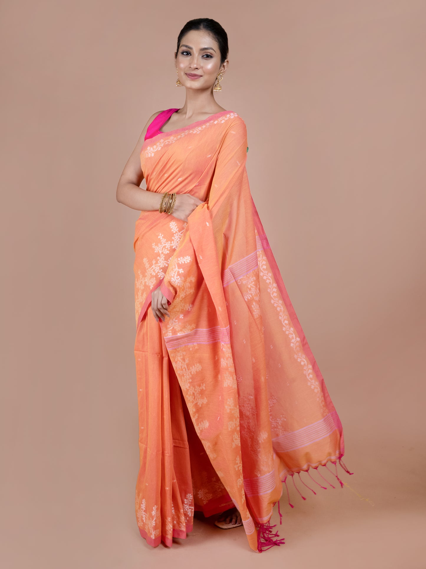 Orange Phulia handloom pure cotton saree, bright vibrant woven
