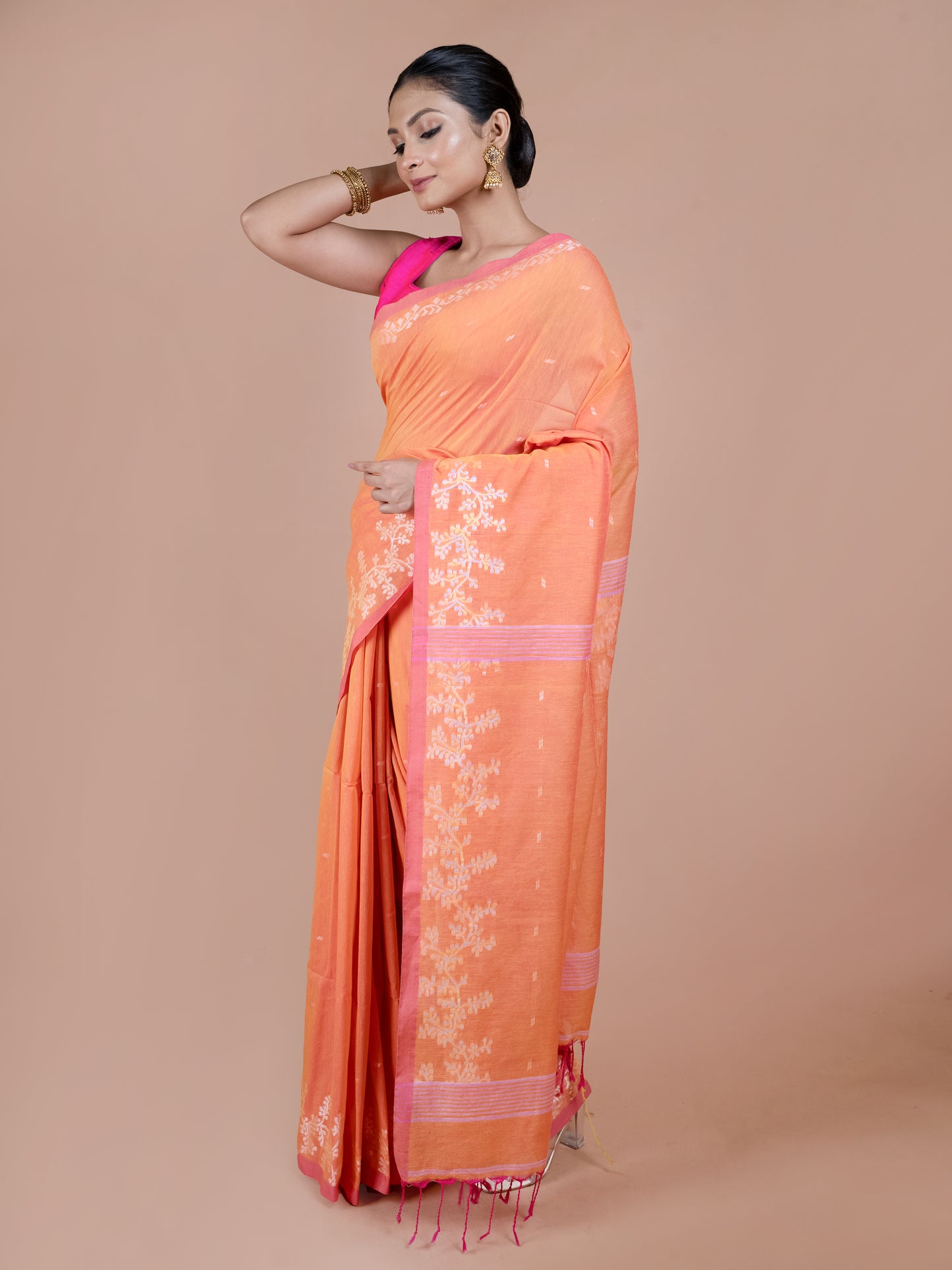 Orange Phulia handloom pure cotton saree bright vibrant woven