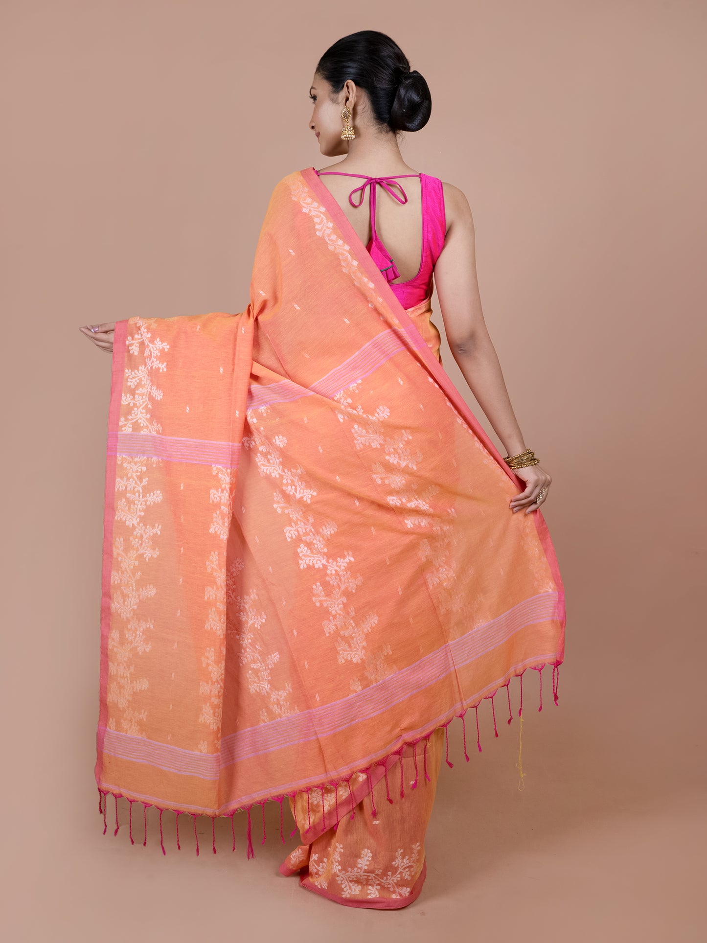 Orange Phulia handloom pure cotton saree, bright vibrant woven