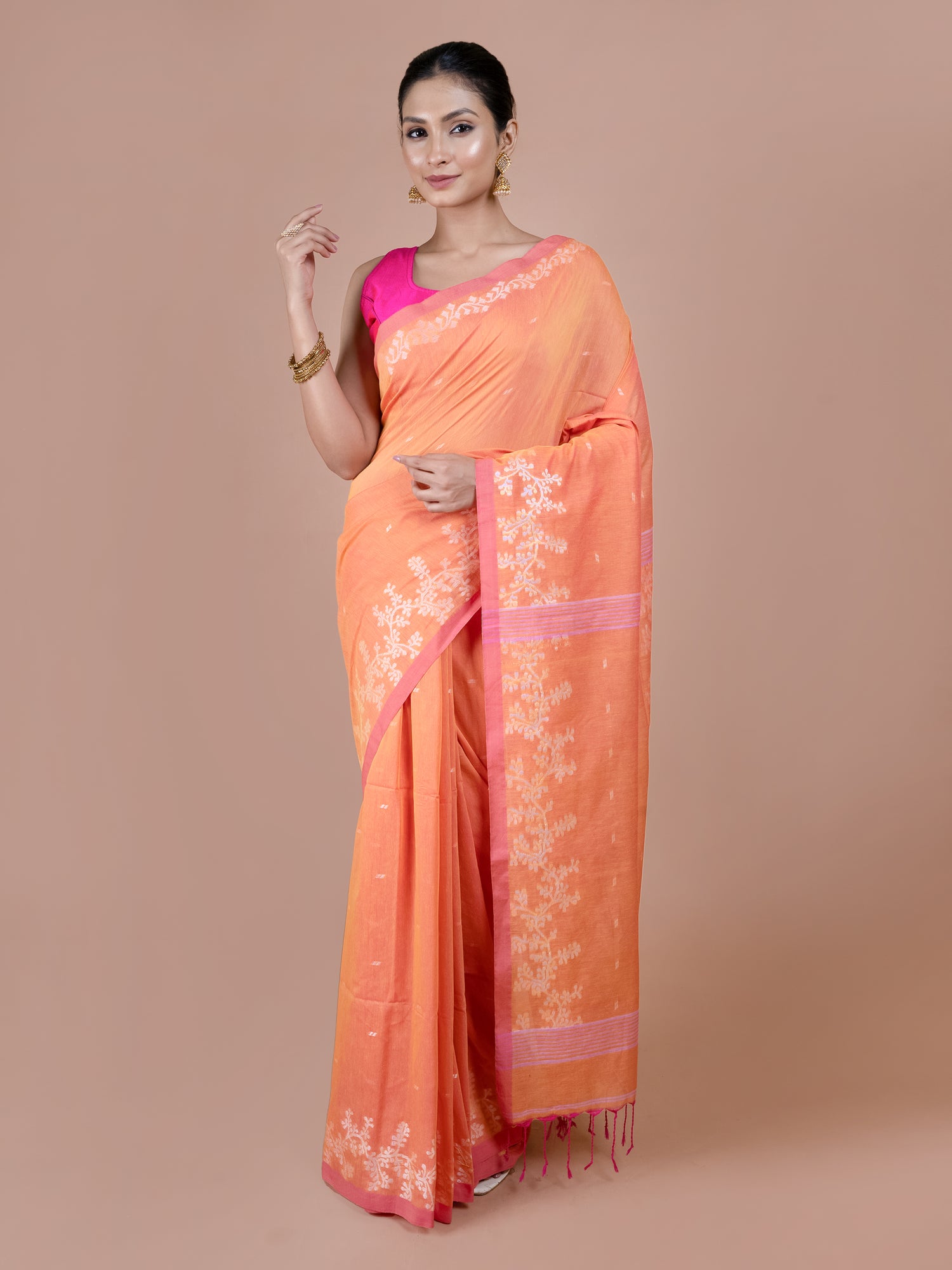 Orange Phulia handloom pure cotton saree, bright vibrant woven