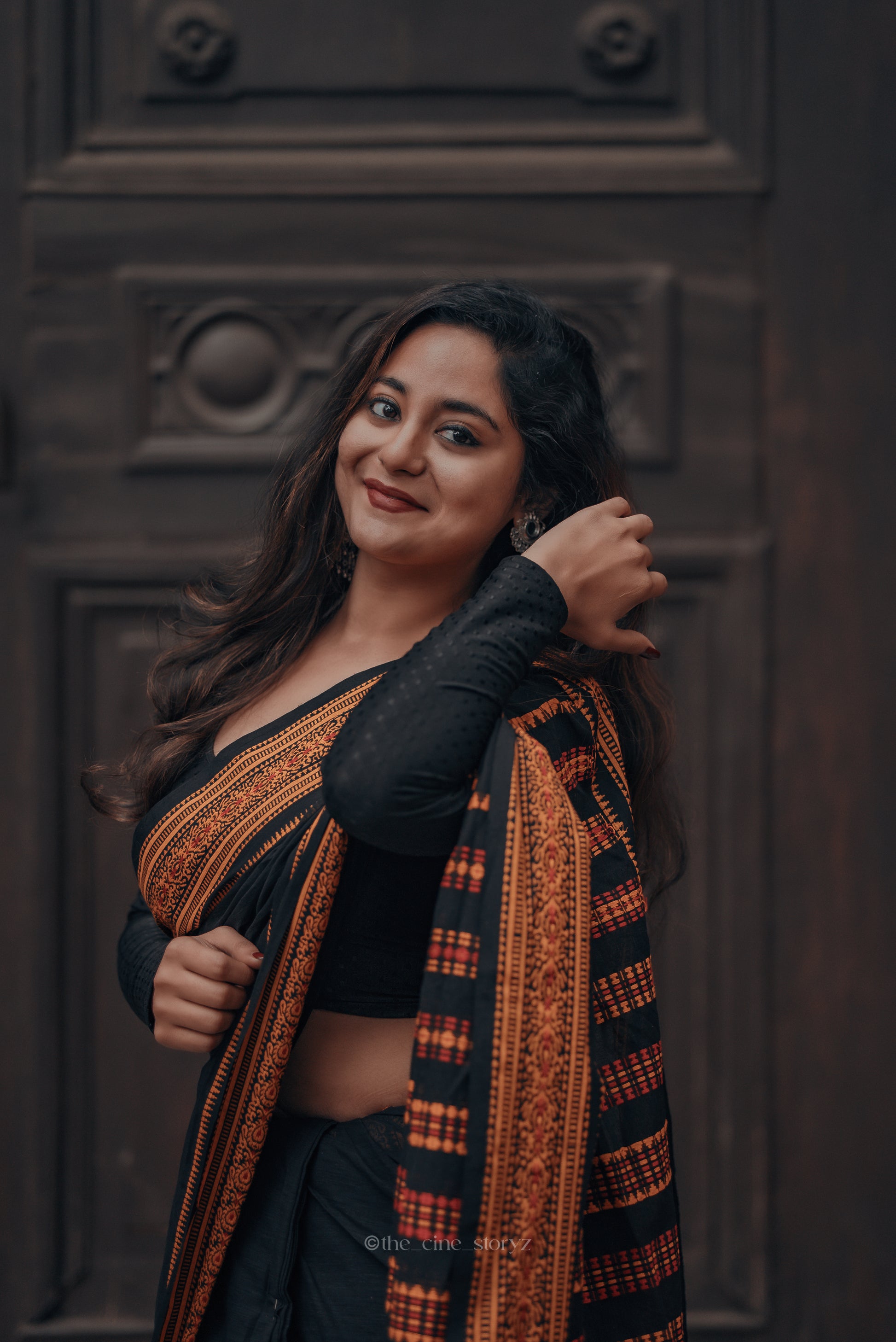 pakhna black orange begumpuri pure cotton saree handwoven