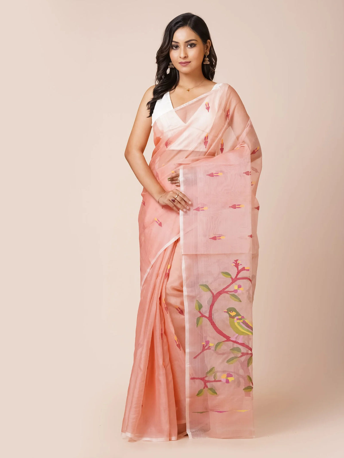 Peach Pure Muslin Saree With Floral Motifs and Birds