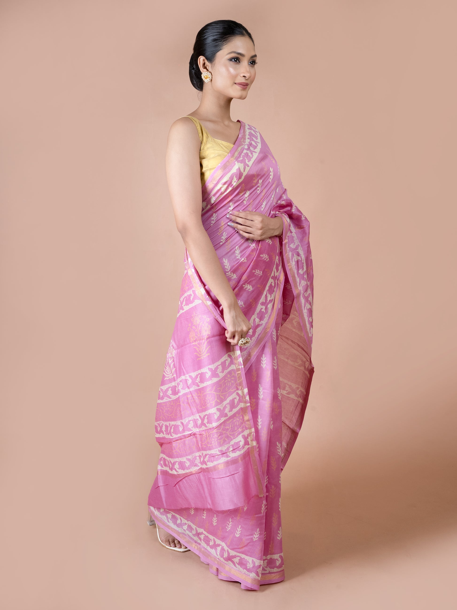 pink chanderi silk cotton saree lightweight blend