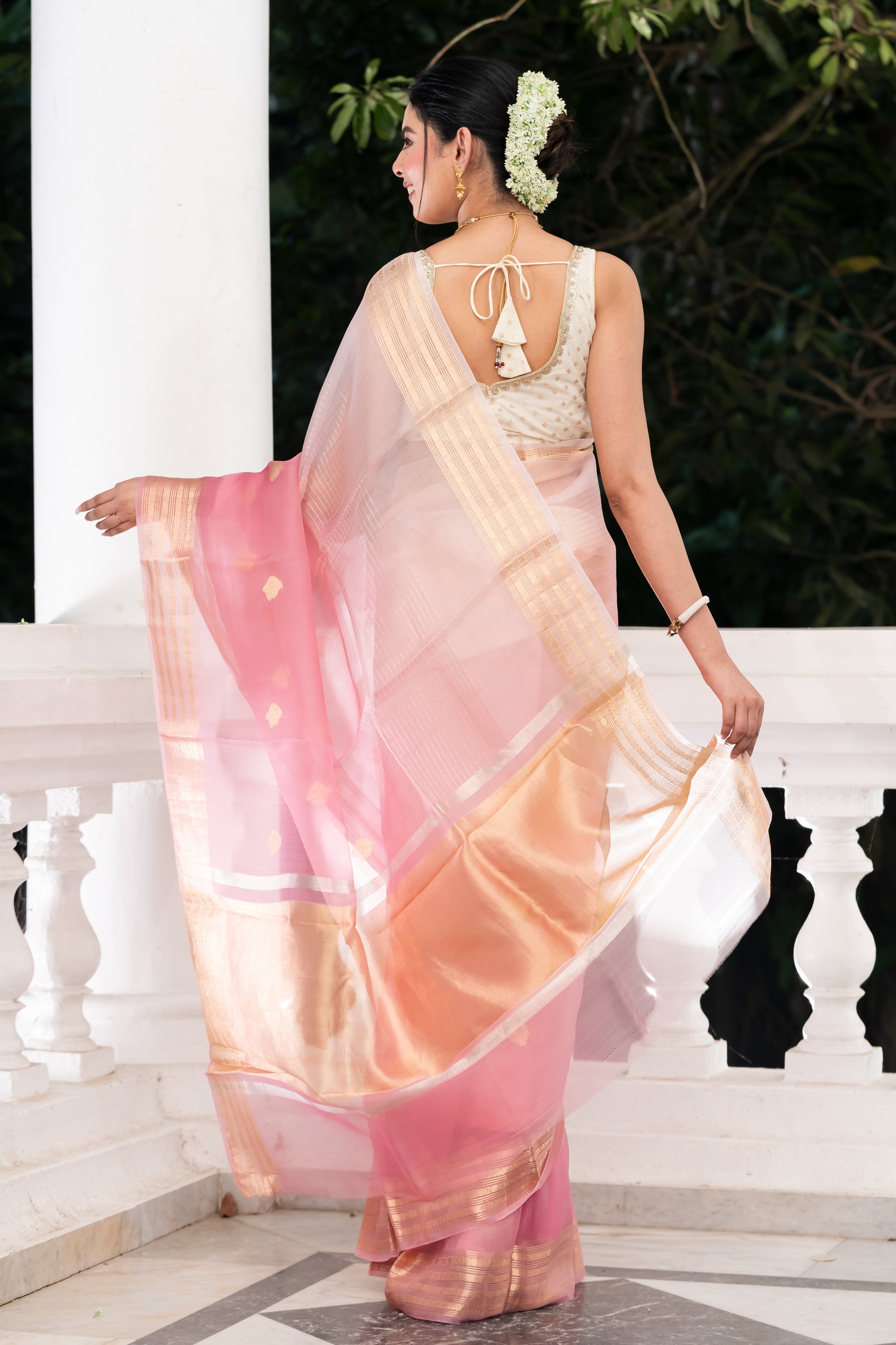 pink kora organza banarasi saree