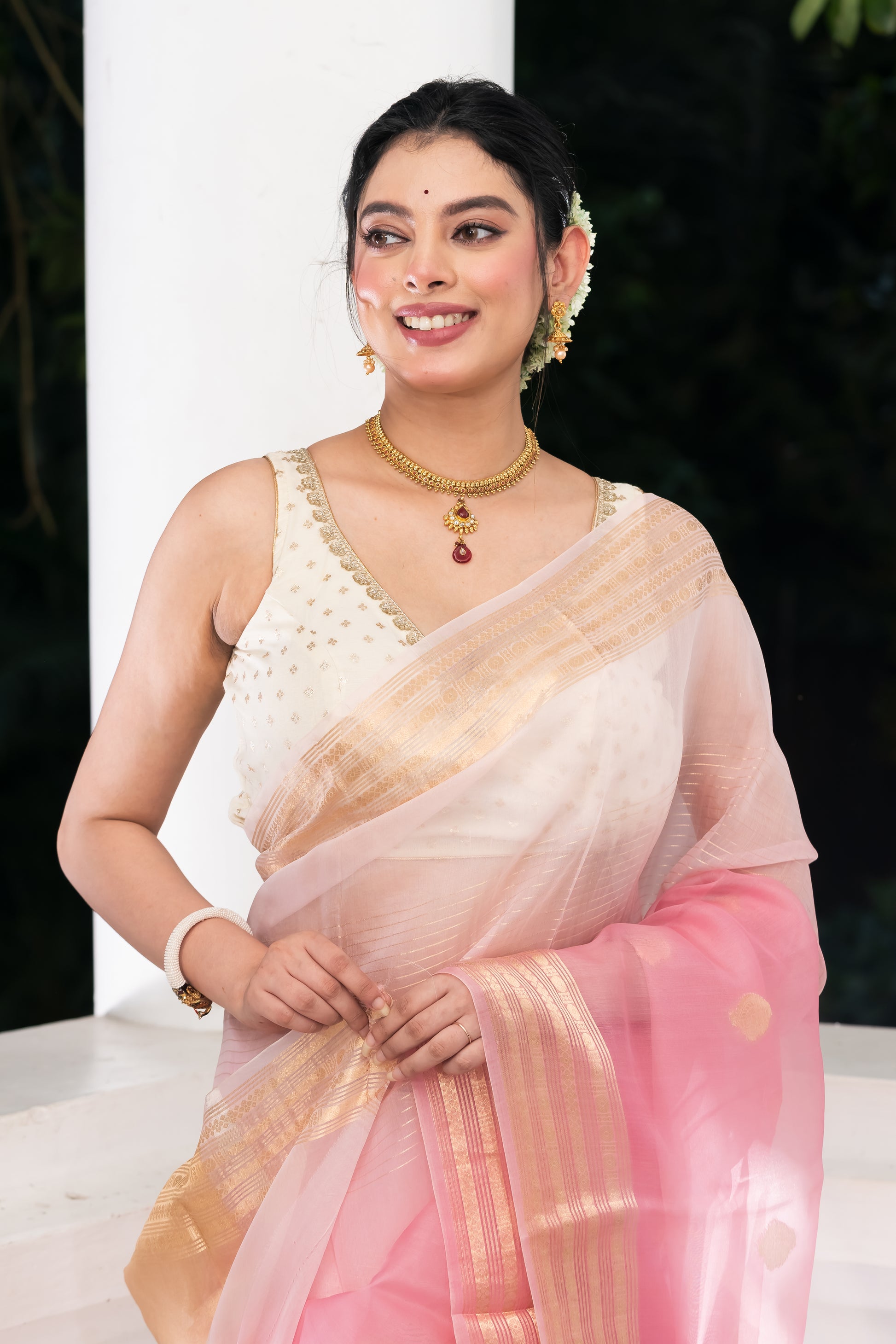 pink kora organza banarasi saree