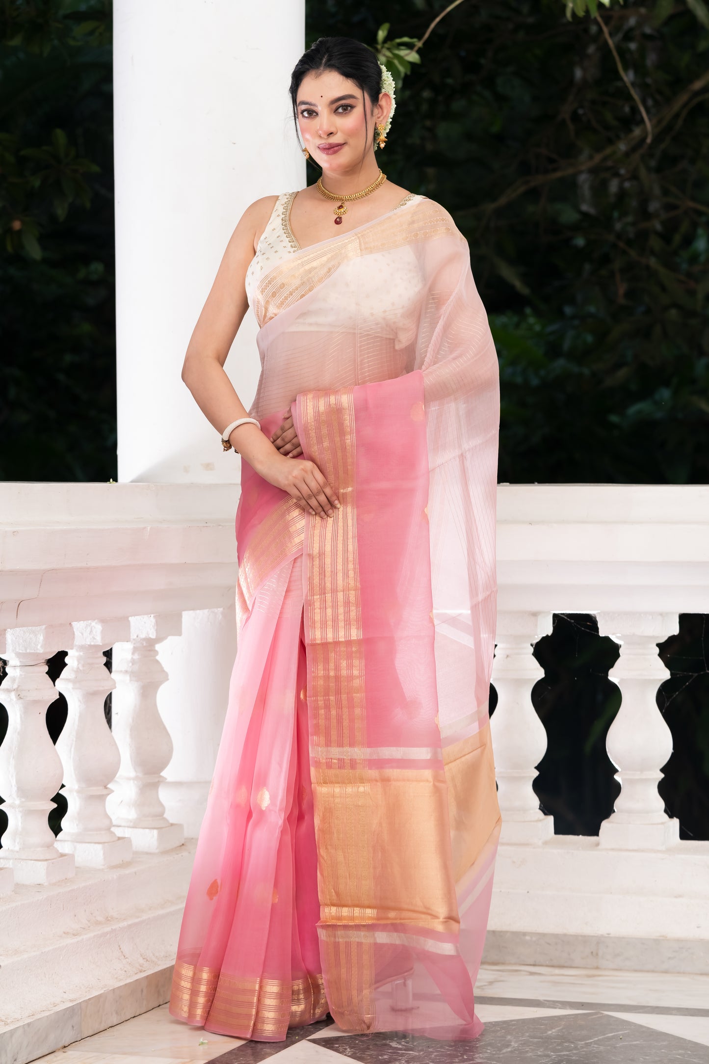 pink kora organza banarasi saree