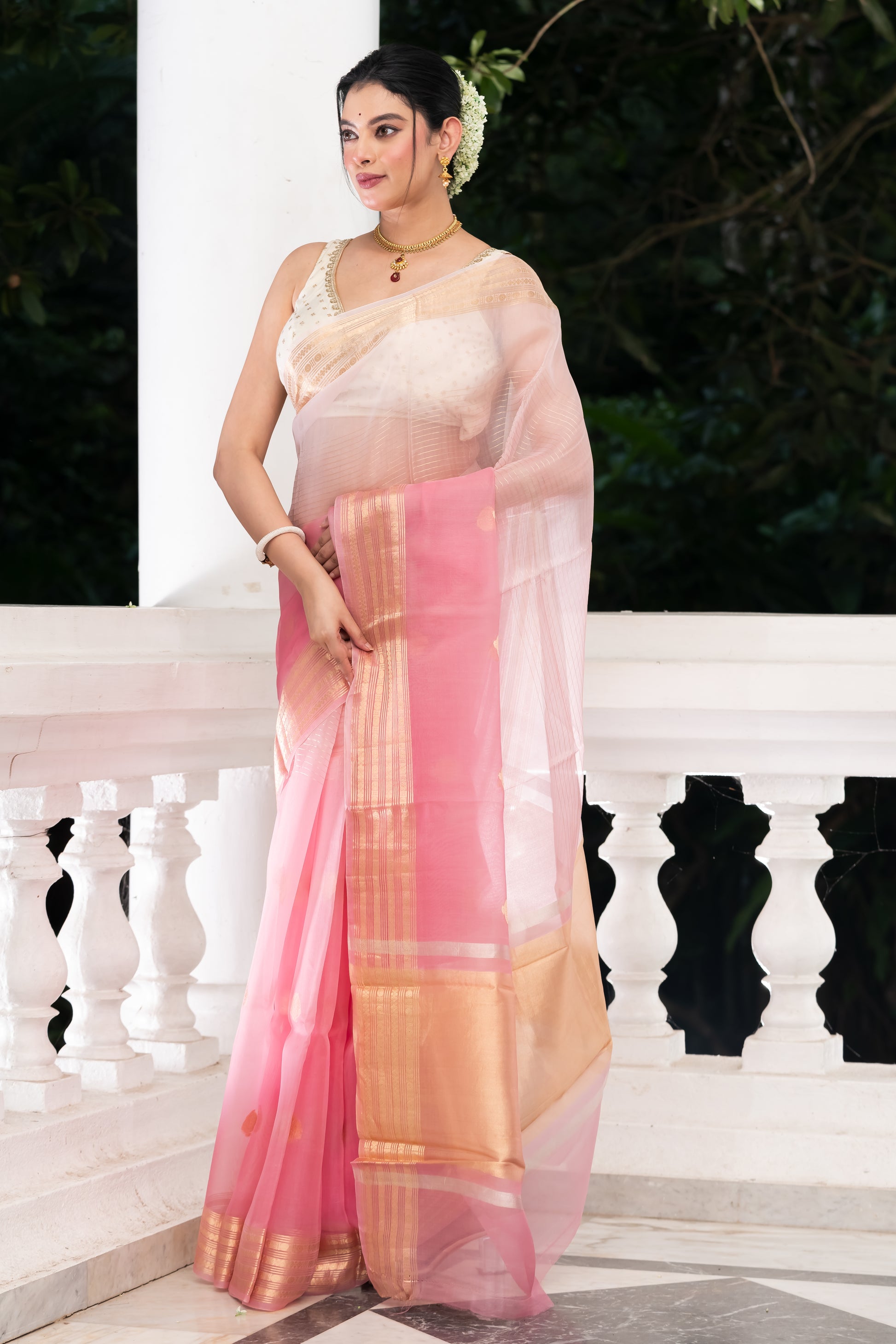 pink kora organza banarasi saree
