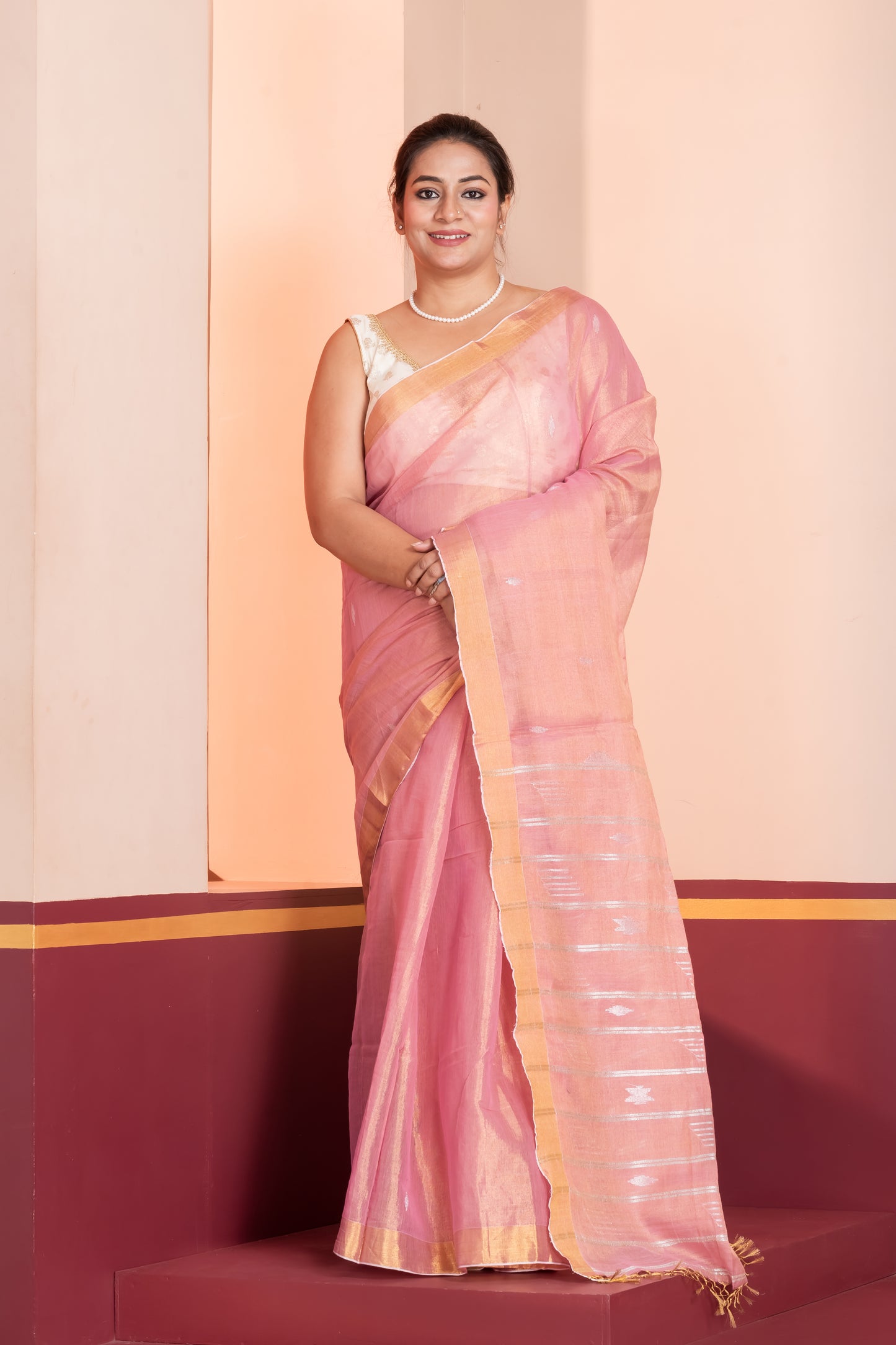pink tissue linen jamdani saree