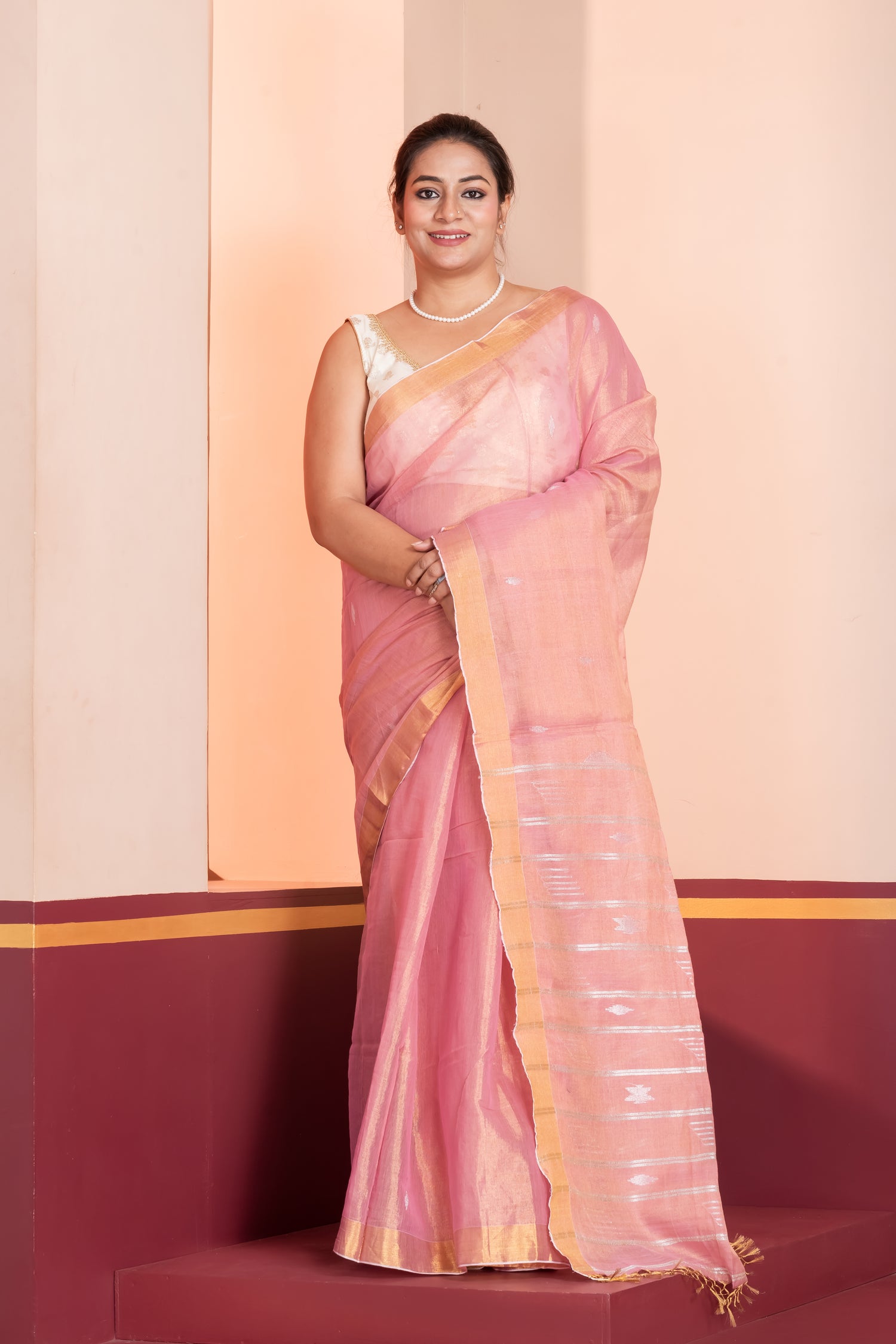 pink tissue linen jamdani saree