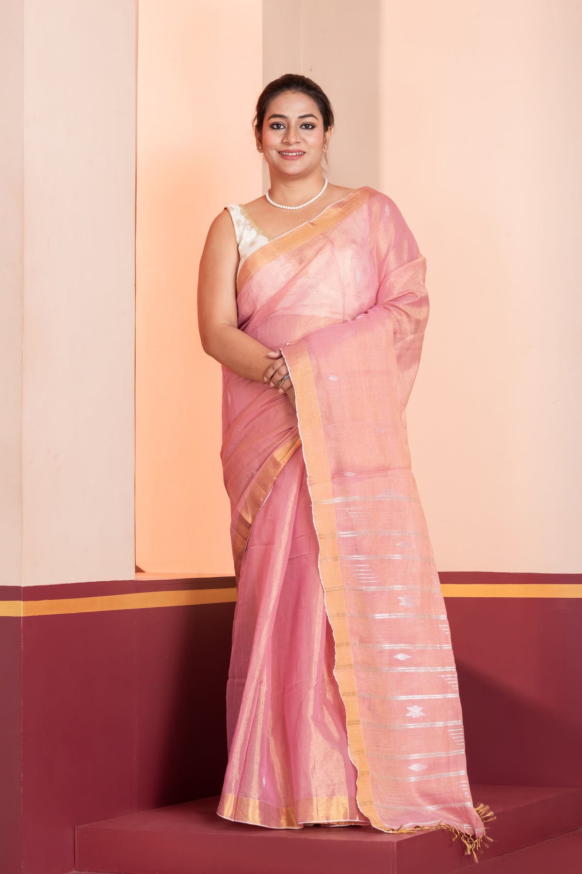 pink tissue linen jamdani saree