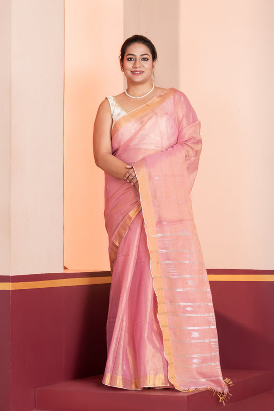 pink tissue linen jamdani saree