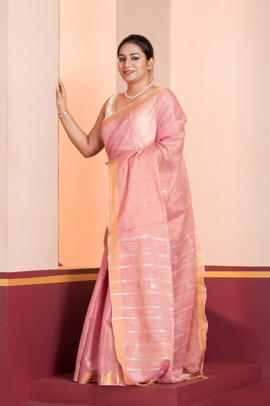 pink tissue linen jamdani saree