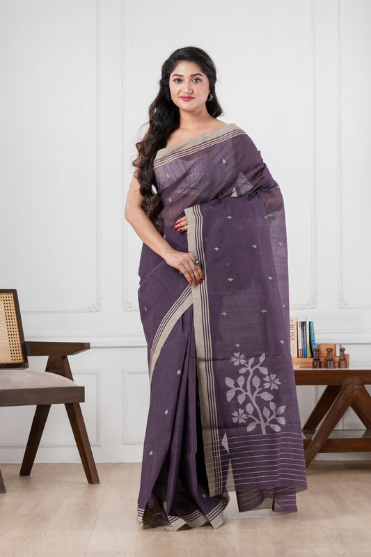 purple handwoven jamdani pure cotton saree