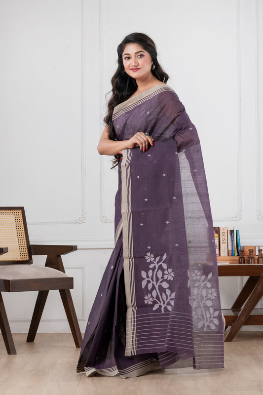 purple handwoven jamdani pure cotton saree