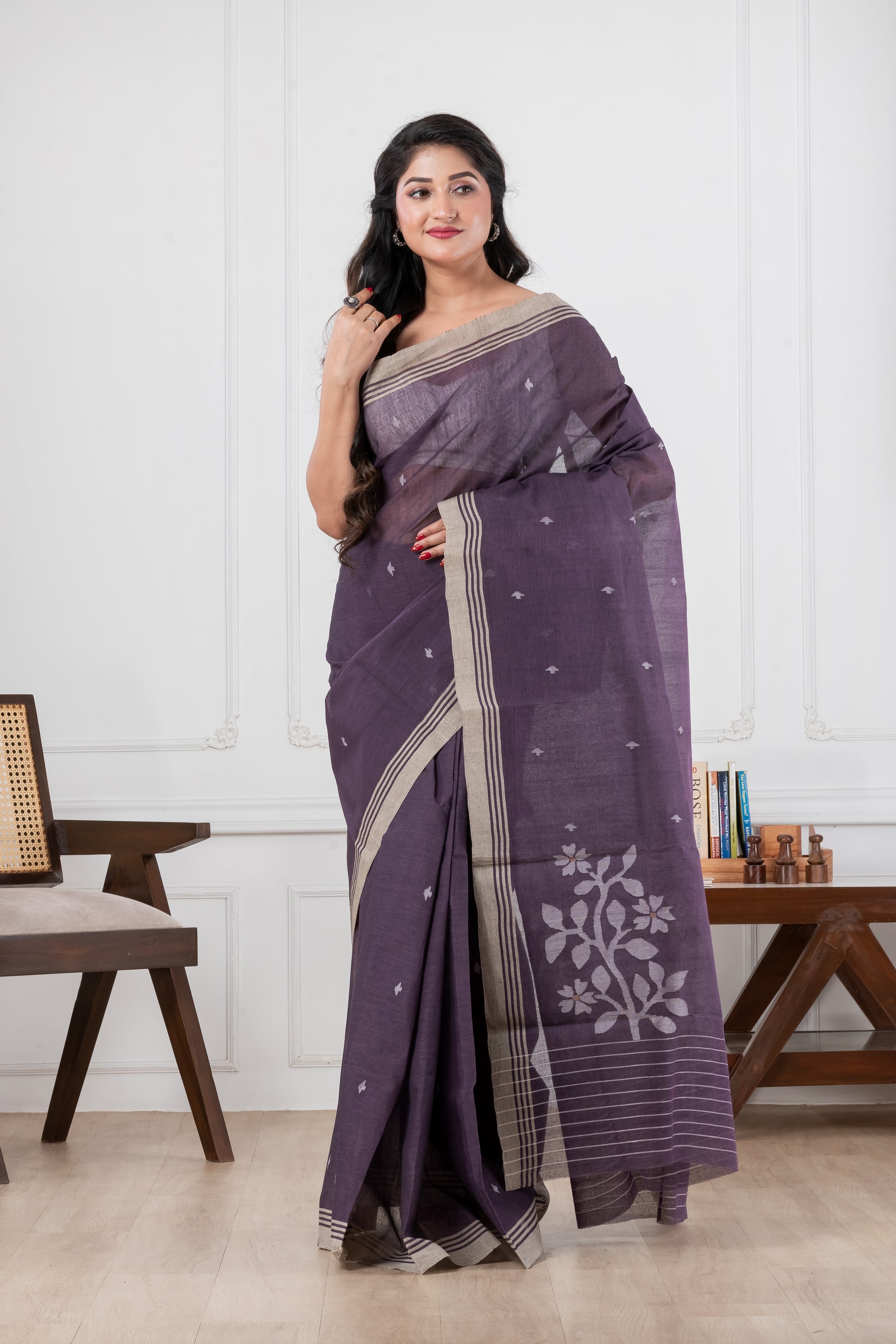 purple handwoven jamdani pure cotton saree