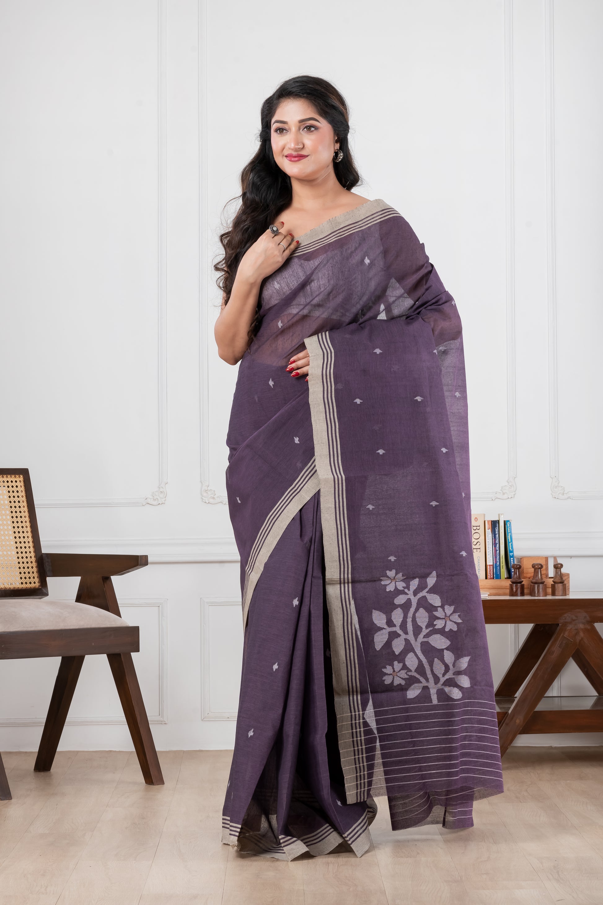 purple handwoven jamdani pure cotton saree