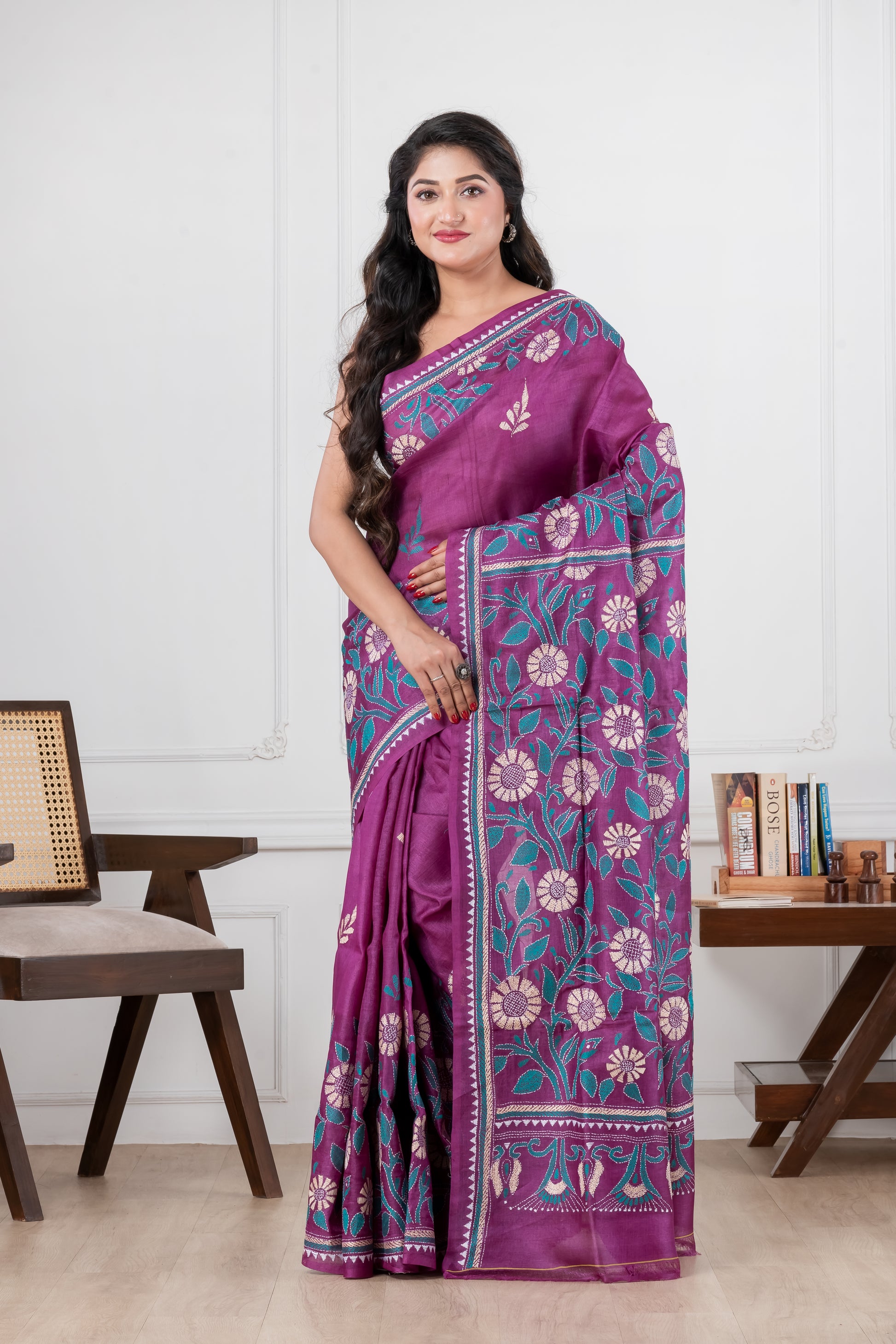 purple pure tussar rani kantha stitch saree