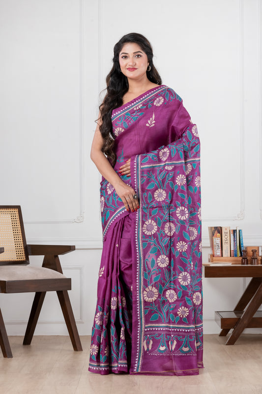 purple pure tussar rani kantha stitch saree