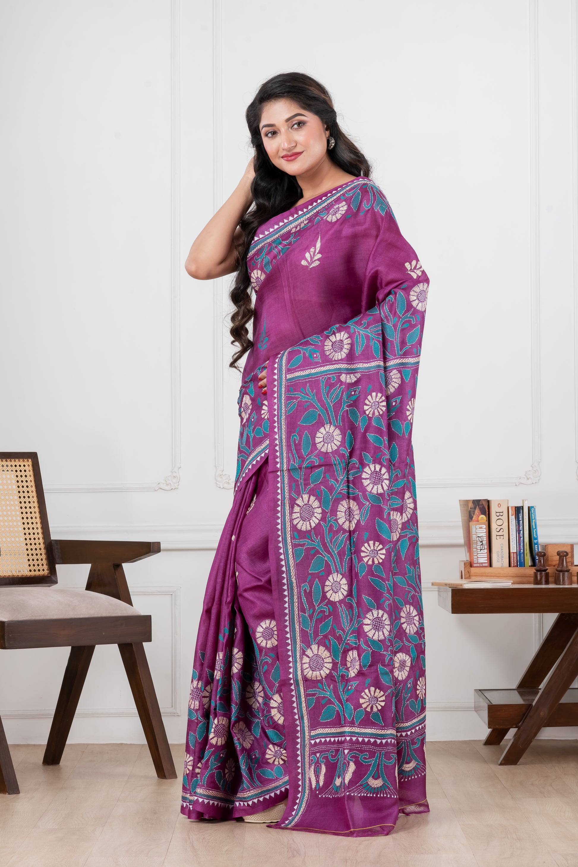 purple pure tussar rani kantha stitch saree