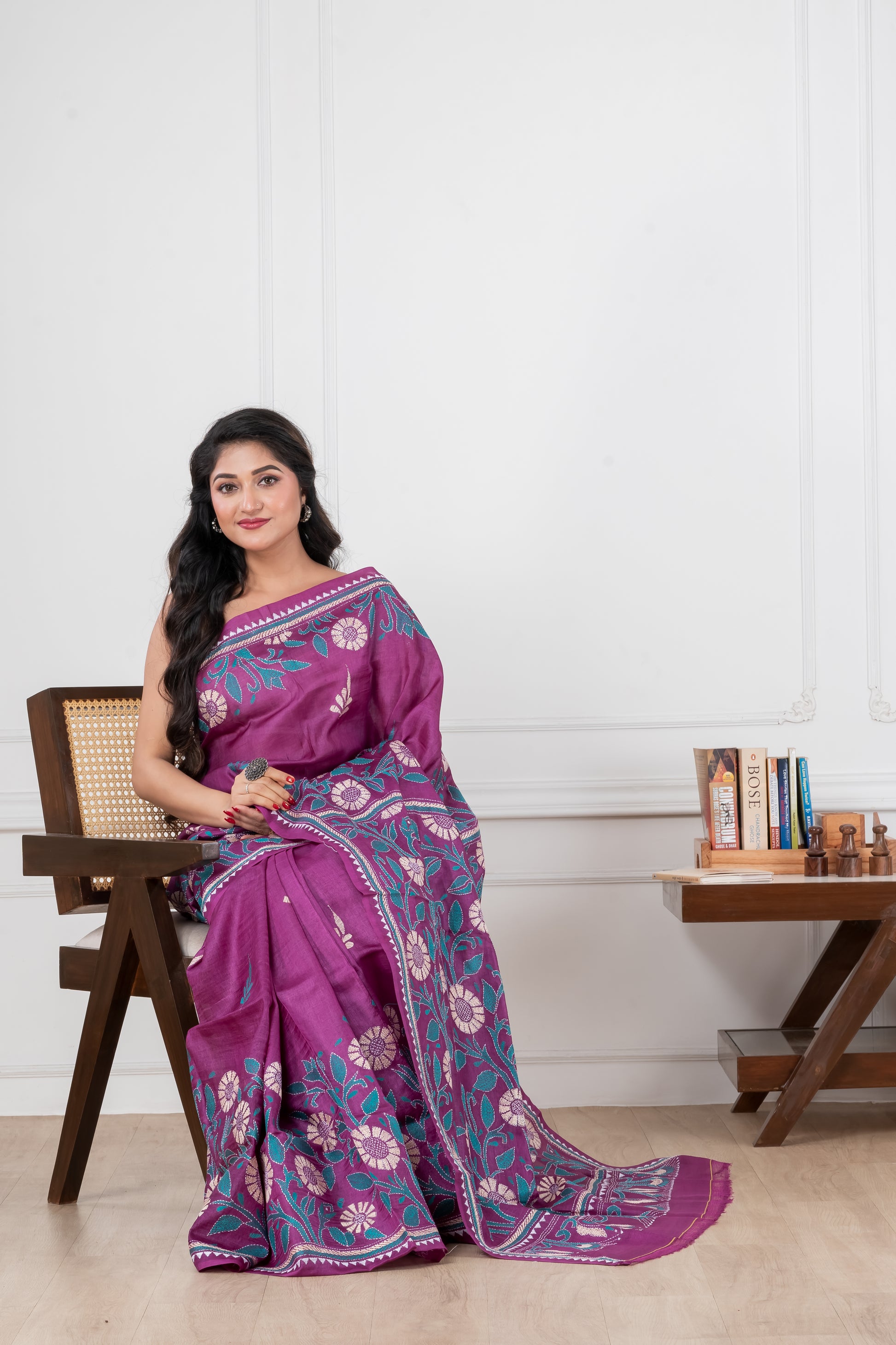 purple pure tussar rani kantha stitch saree