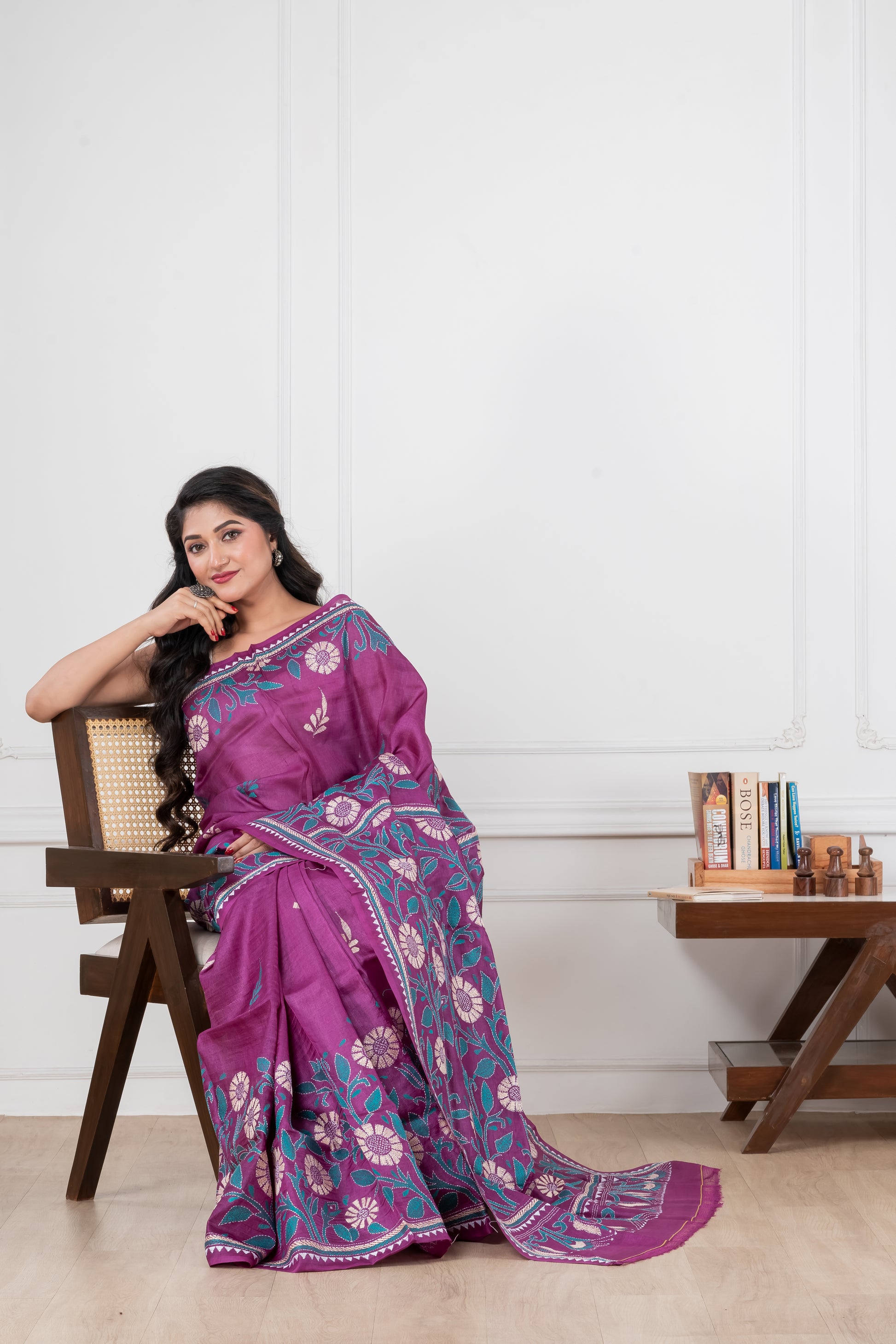 purple pure tussar rani kantha stitch saree