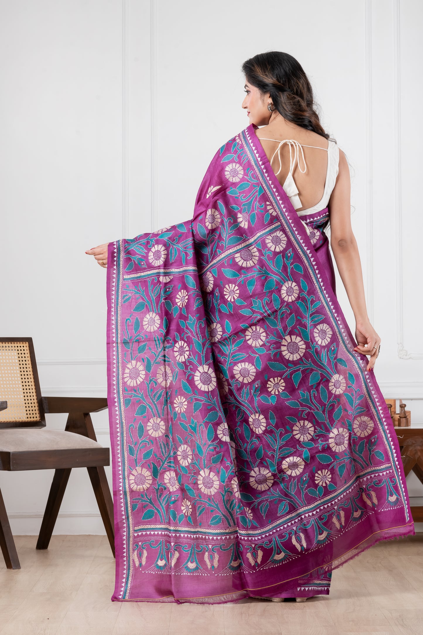 purple pure tussar rani kantha stitch saree