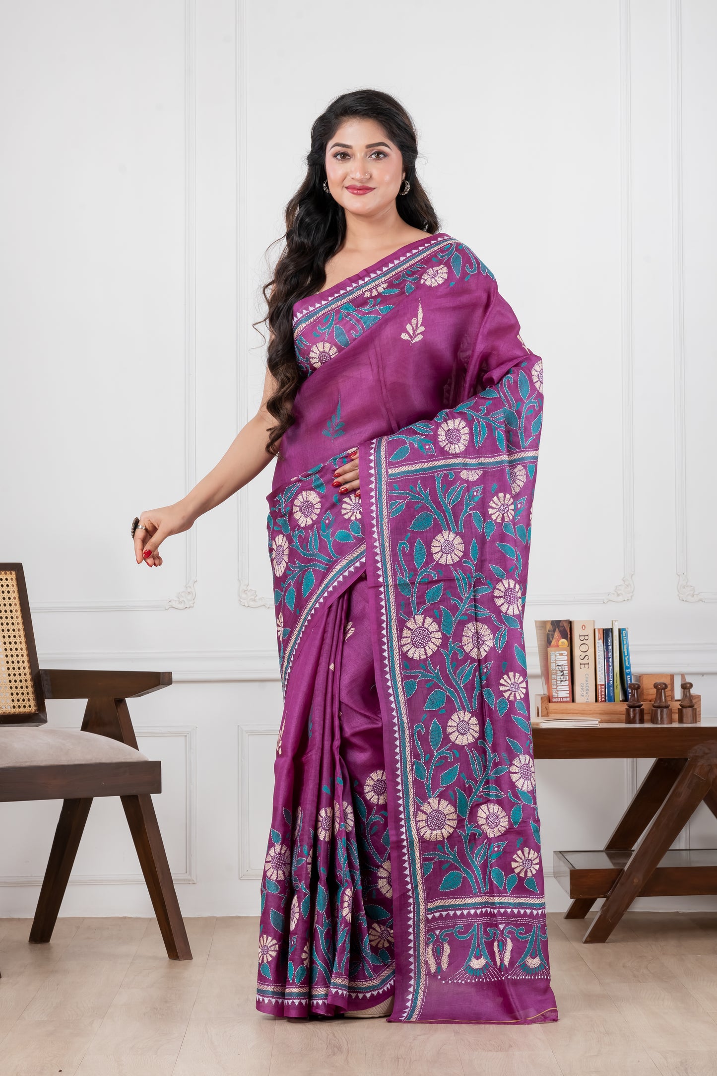 purple pure tussar rani kantha stitch saree