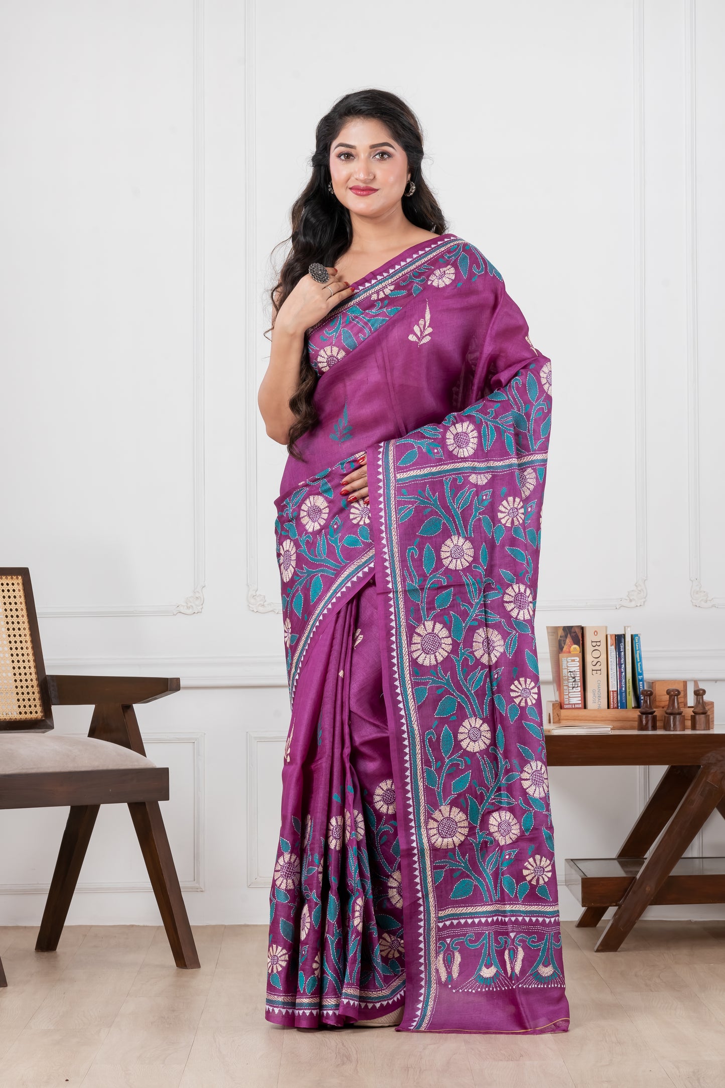 purple pure tussar rani kantha stitch saree