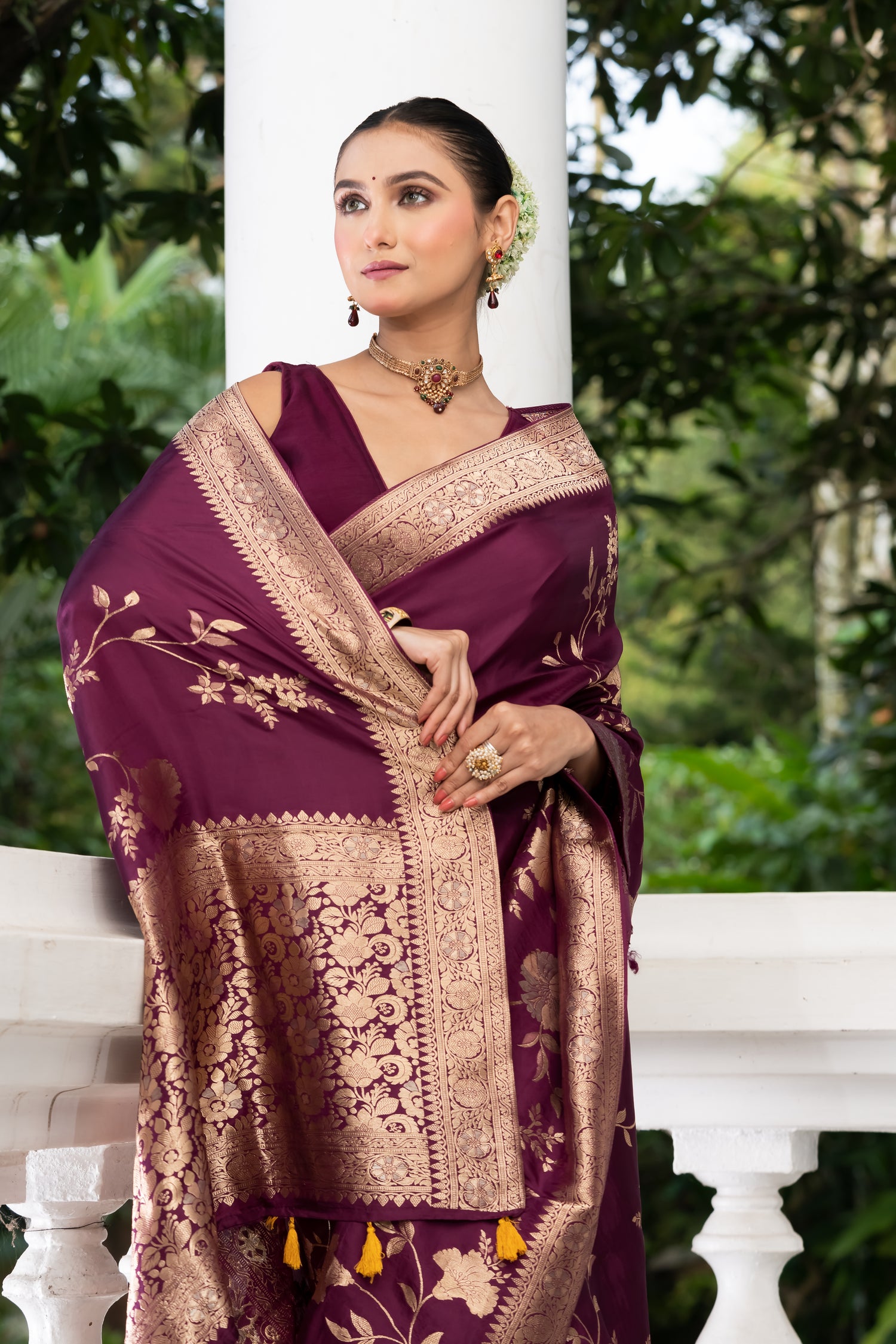 purple satin crepe banarasi saree