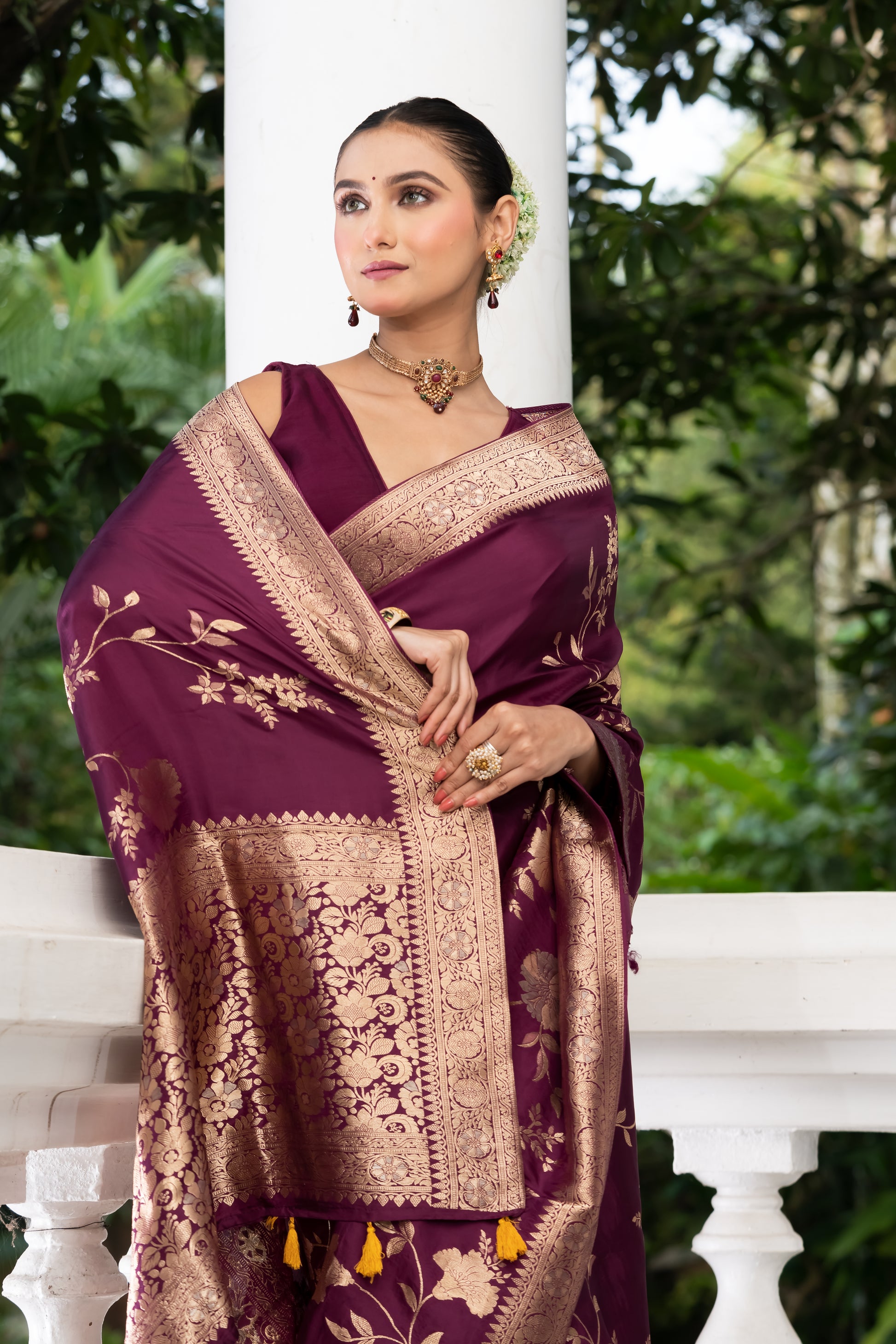 purple satin crepe banarasi saree