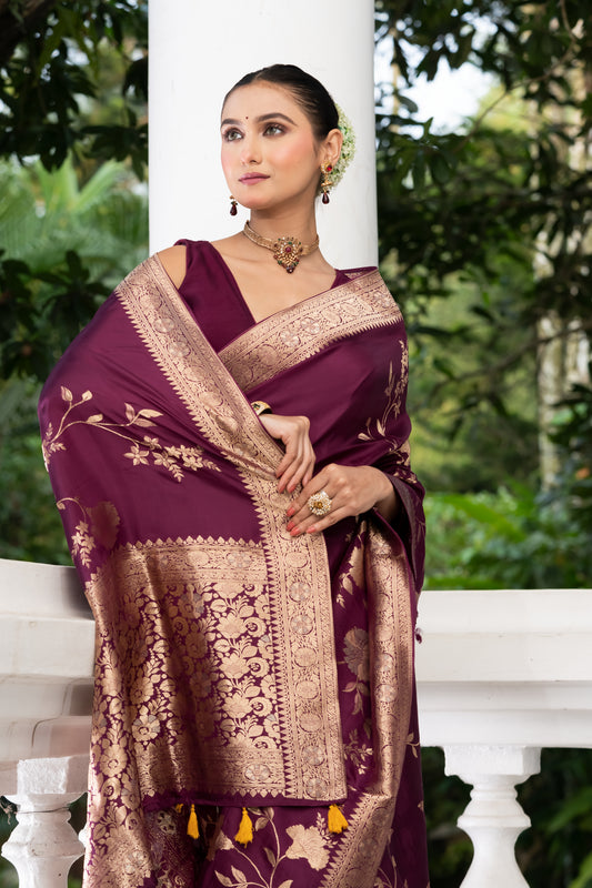 purple satin crepe banarasi saree
