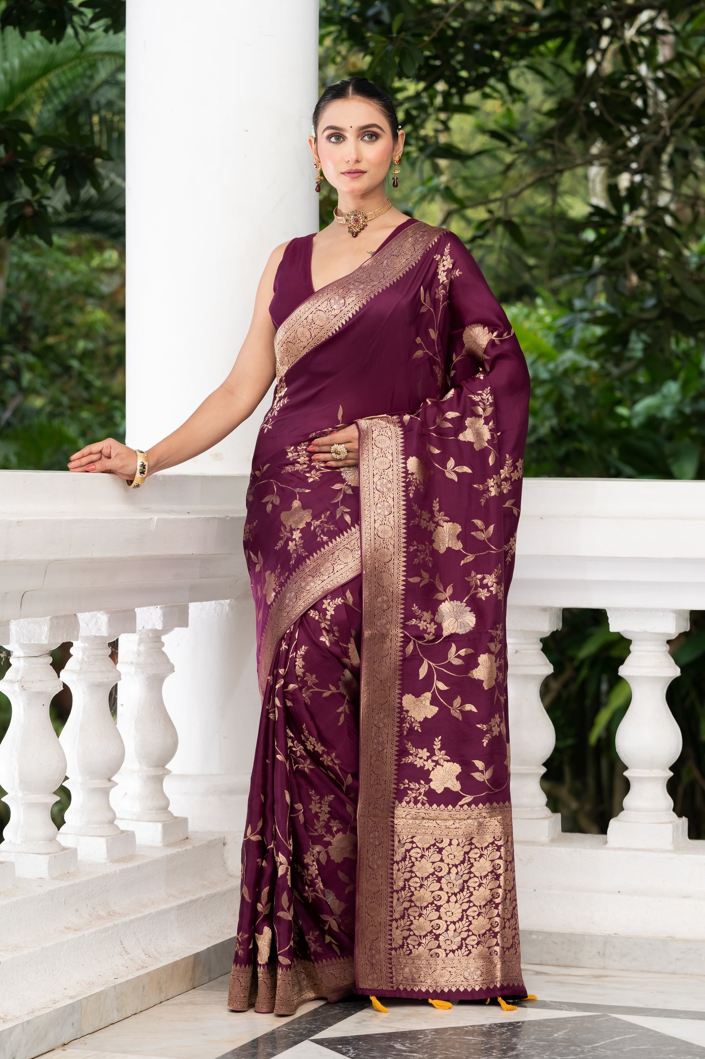 purple satin crepe banarasi saree