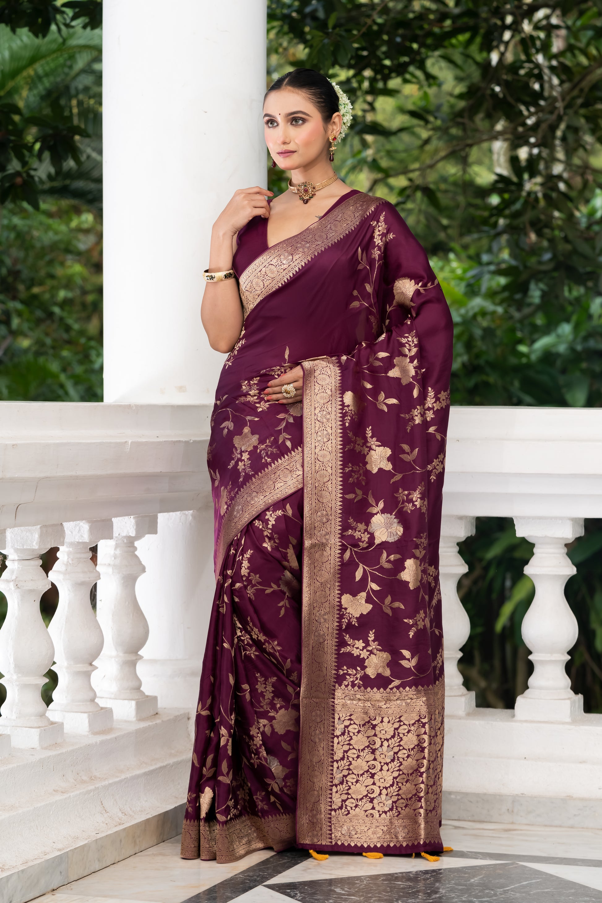 purple satin crepe banarasi saree