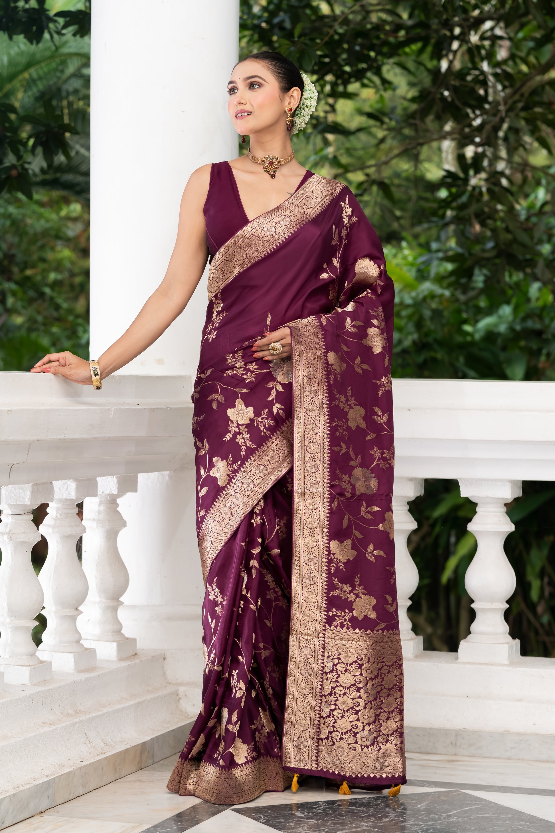 purple satin crepe banarasi saree