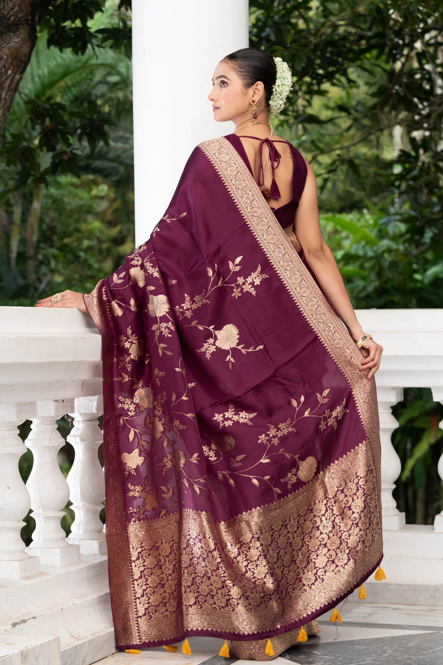 purple satin crepe banarasi saree