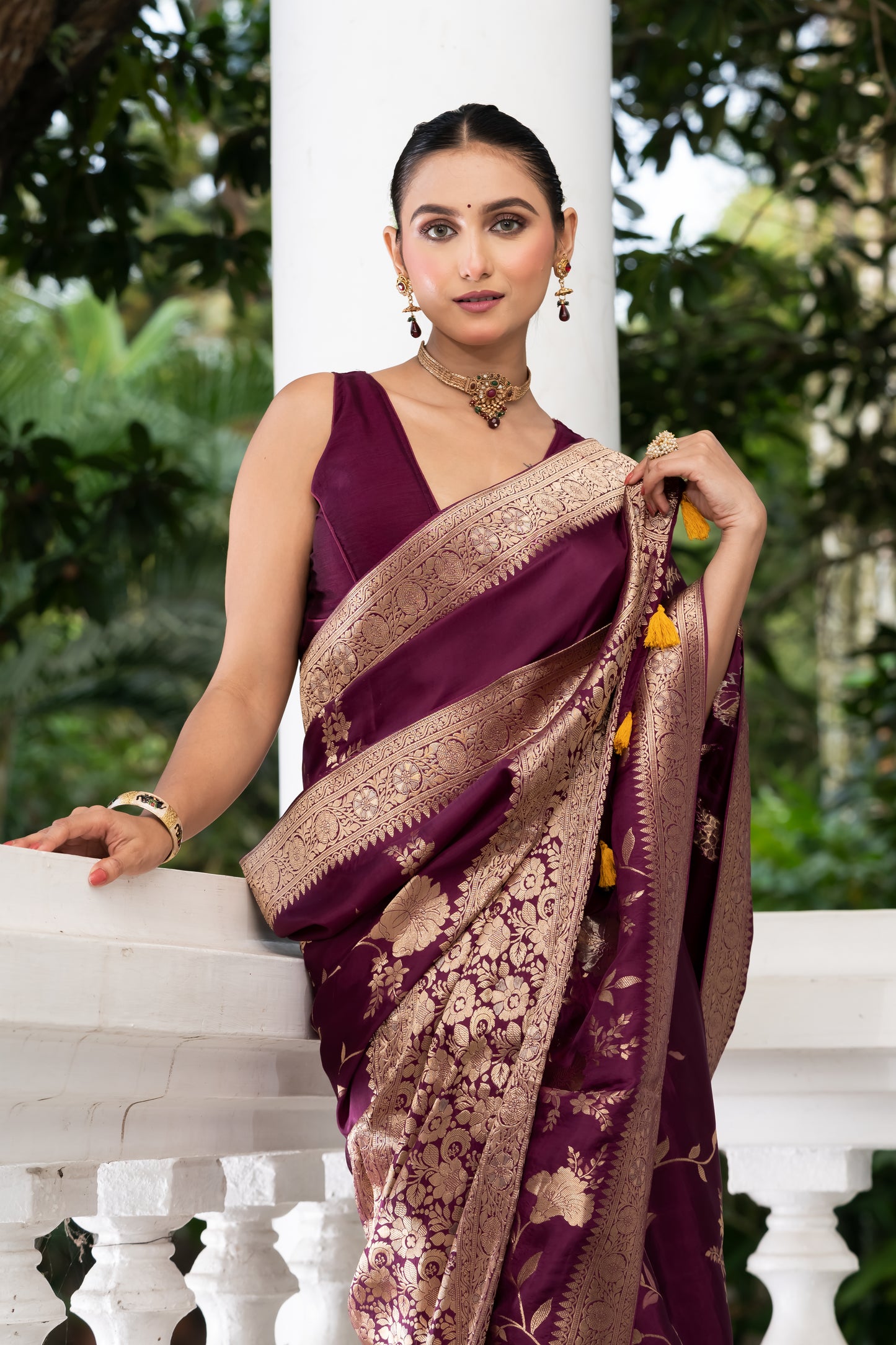 purple satin crepe banarasi saree