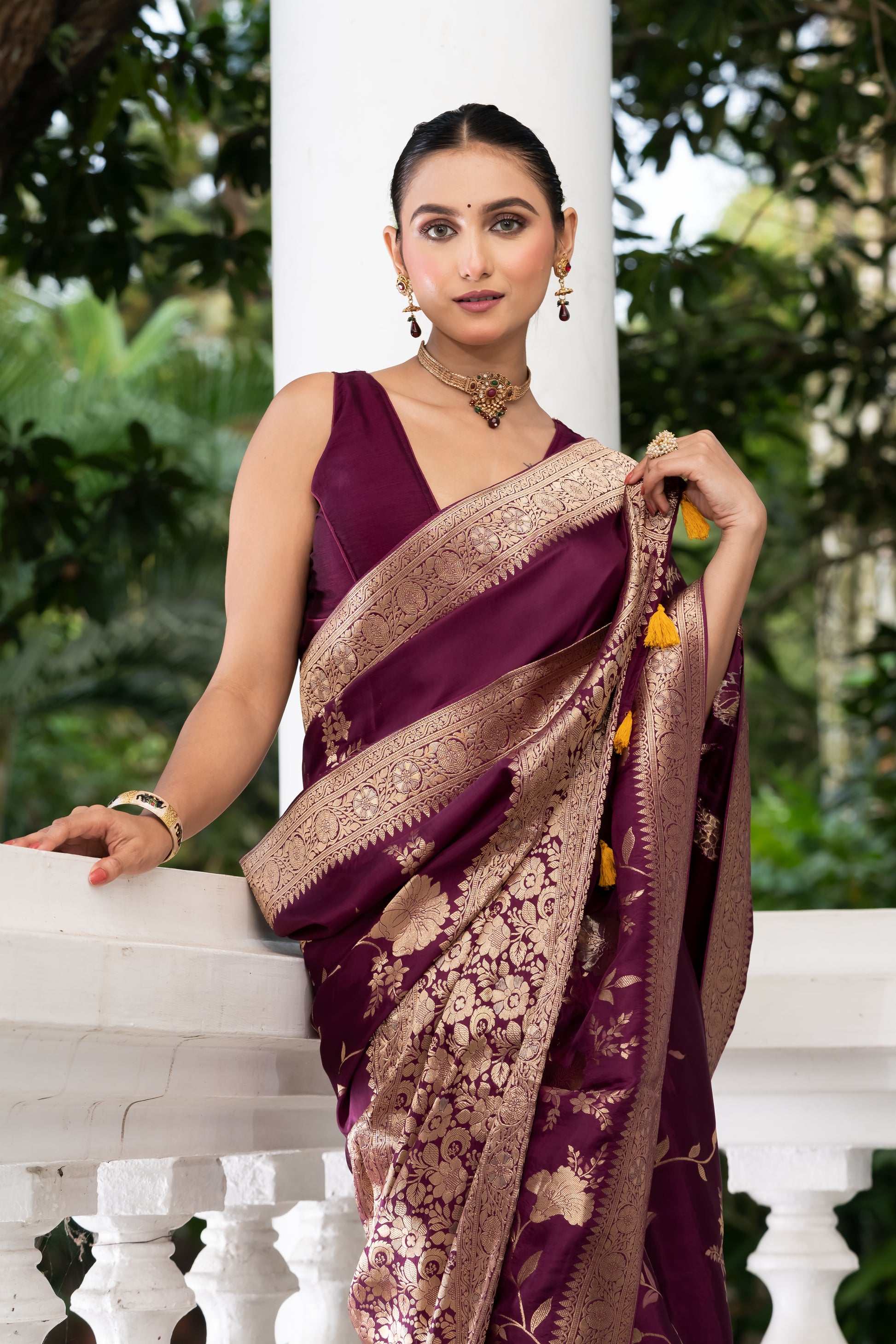 purple satin crepe banarasi saree