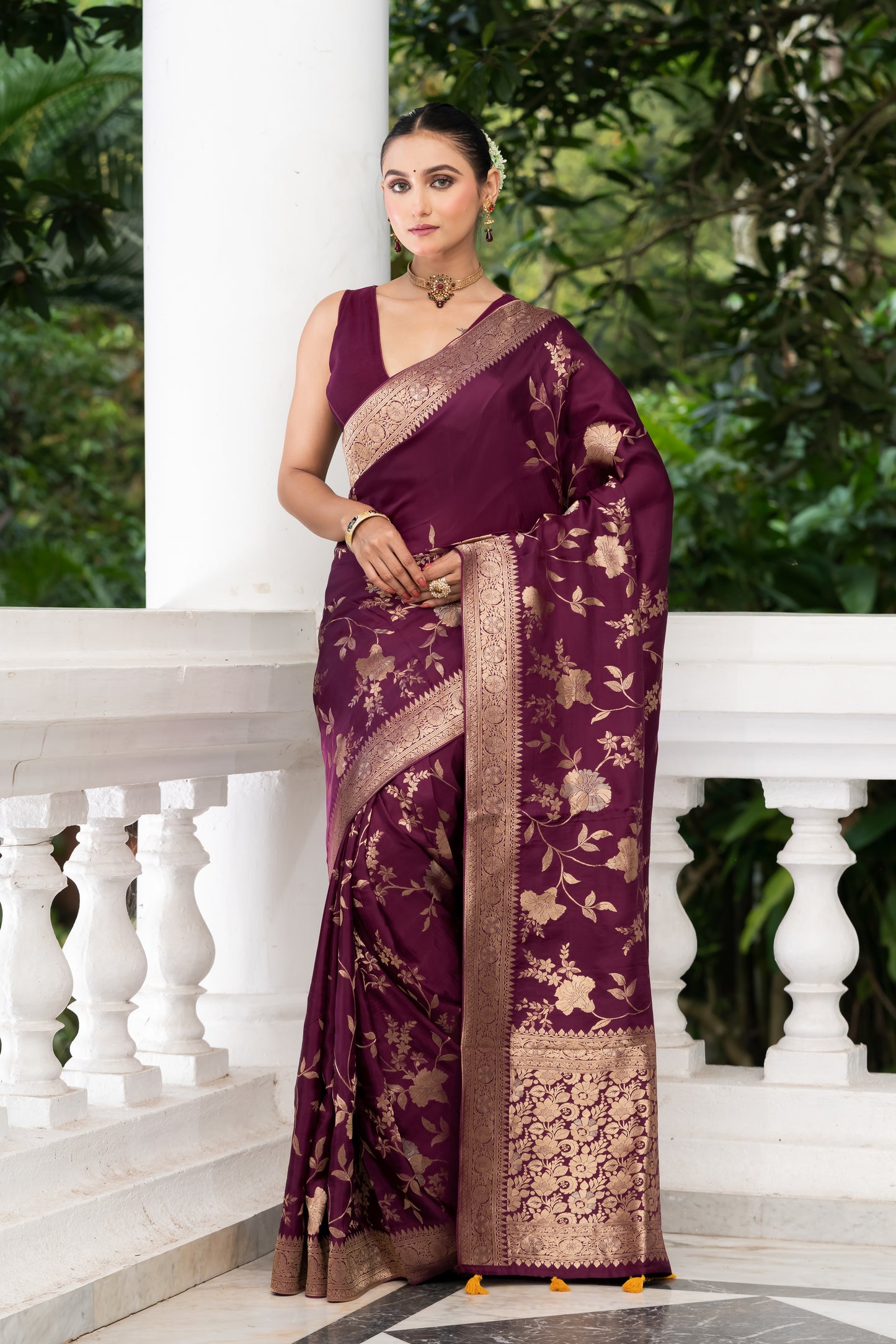 purple satin crepe banarasi saree