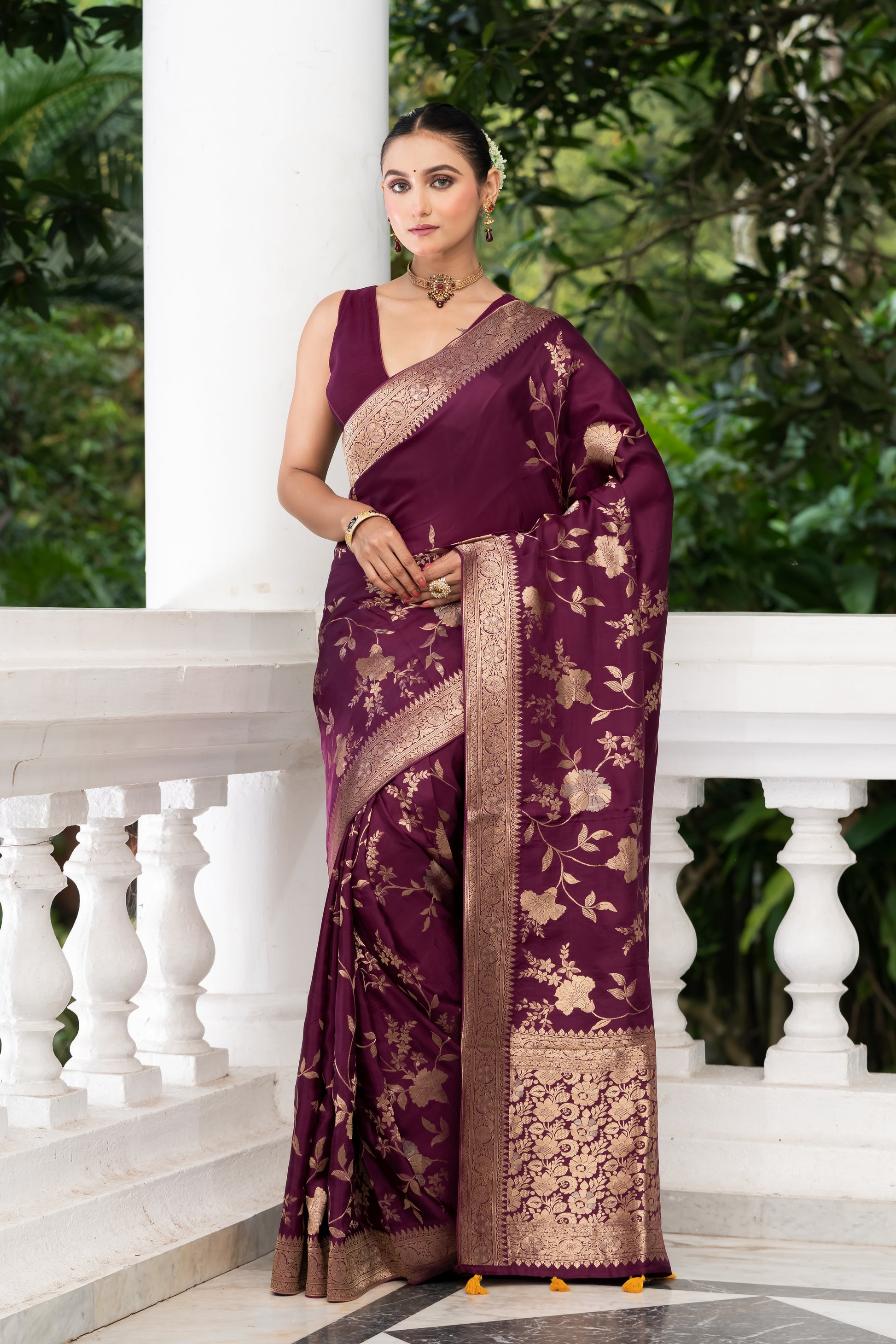 purple satin crepe banarasi saree
