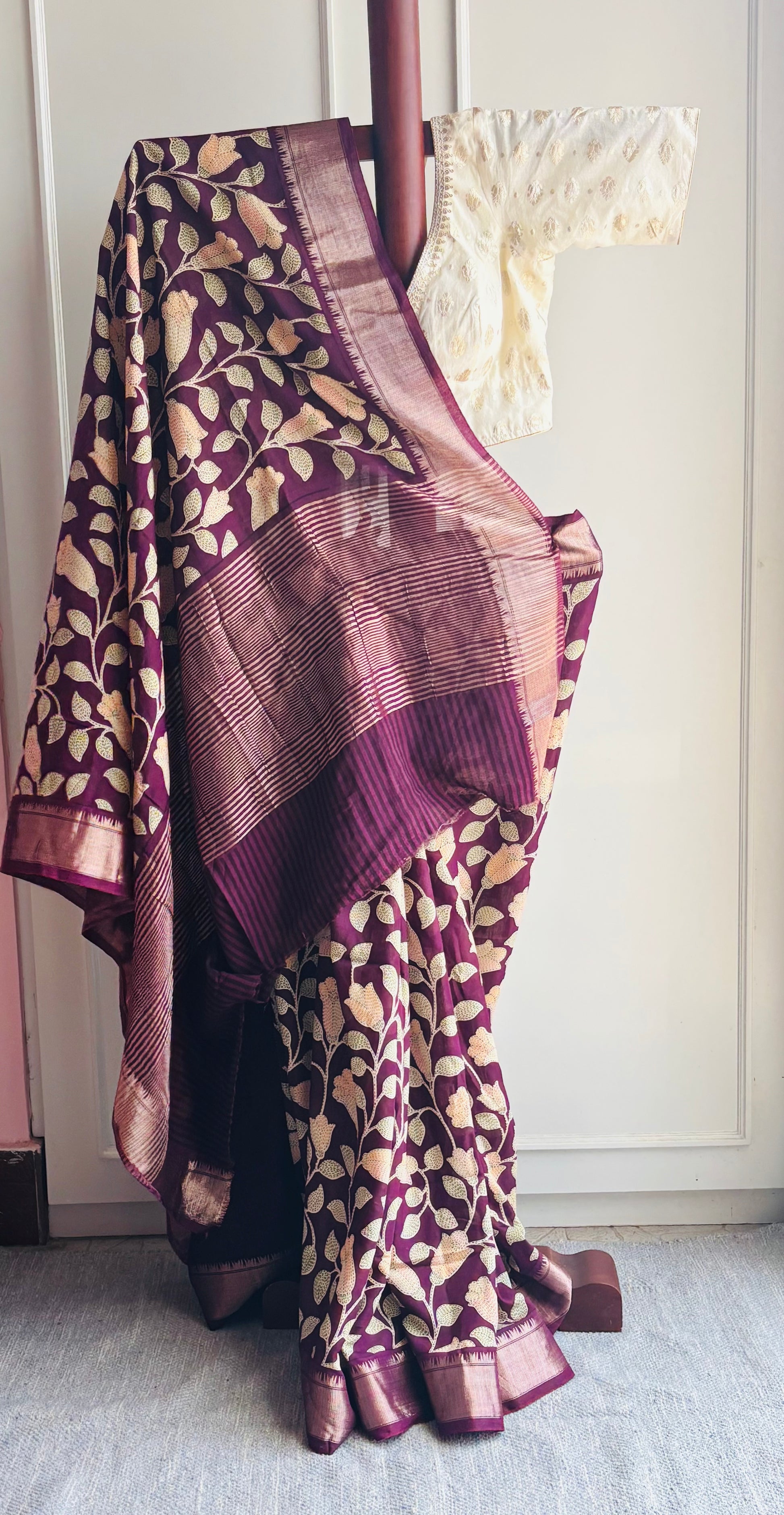 purple semi silk crape printed saree