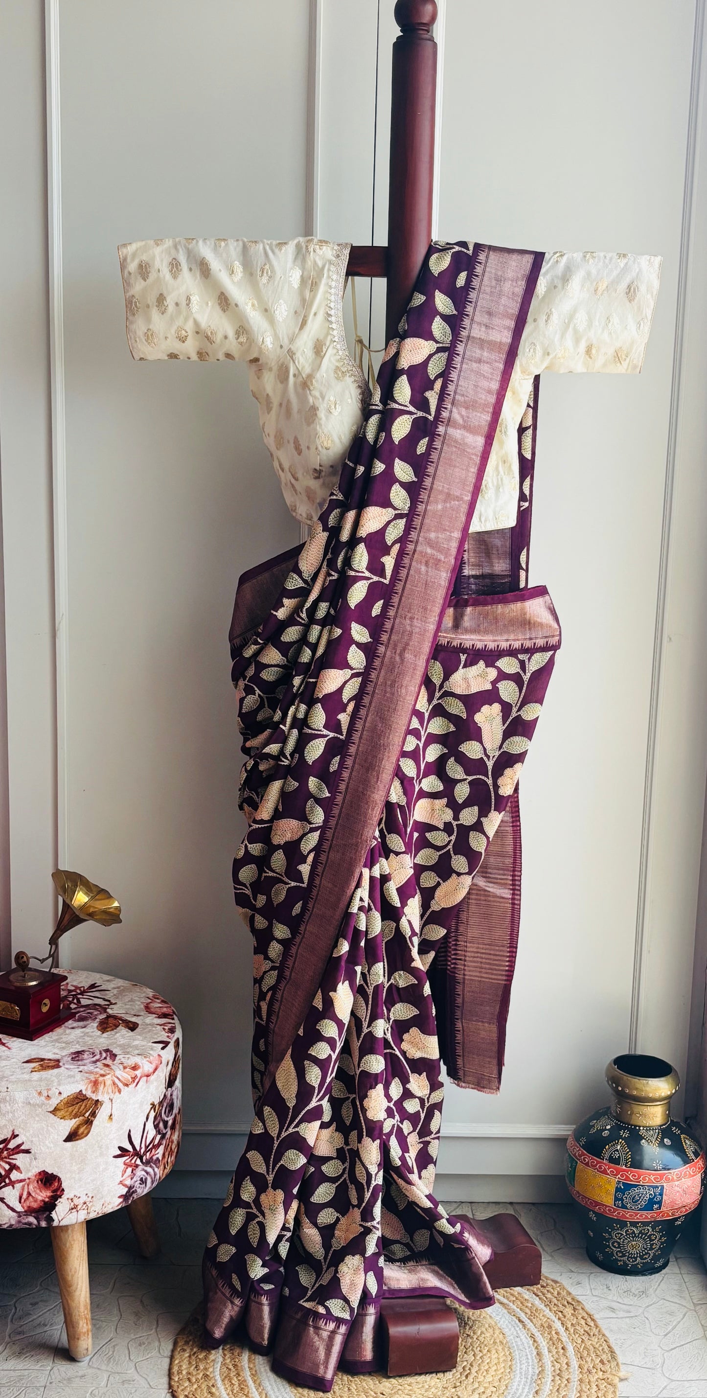 purple semi silk crape printed saree